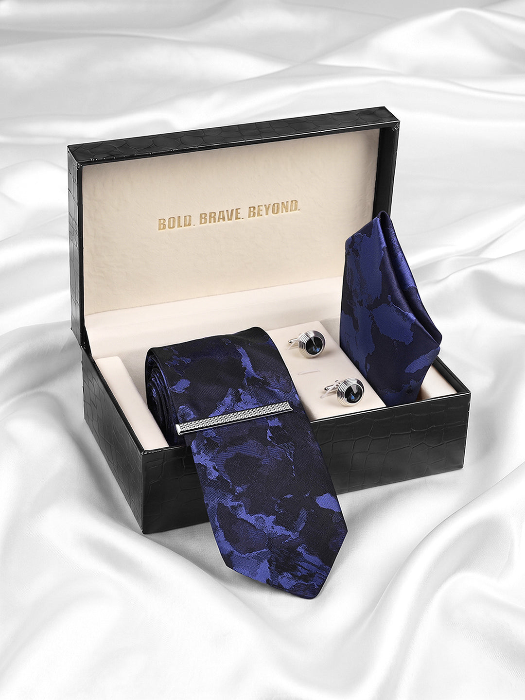 Dark Blue Luxury Polyster Micro Fabric Necktie Set Pocket Square Chrome Tiepin Cufflinks and Brooch