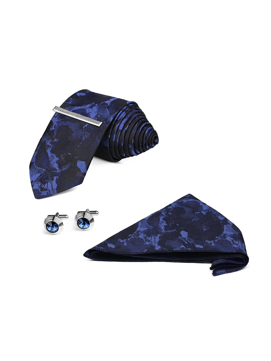 Dark Blue Luxury Polyster Micro Fabric Necktie Set Pocket Square Chrome Tiepin Cufflinks and Brooch