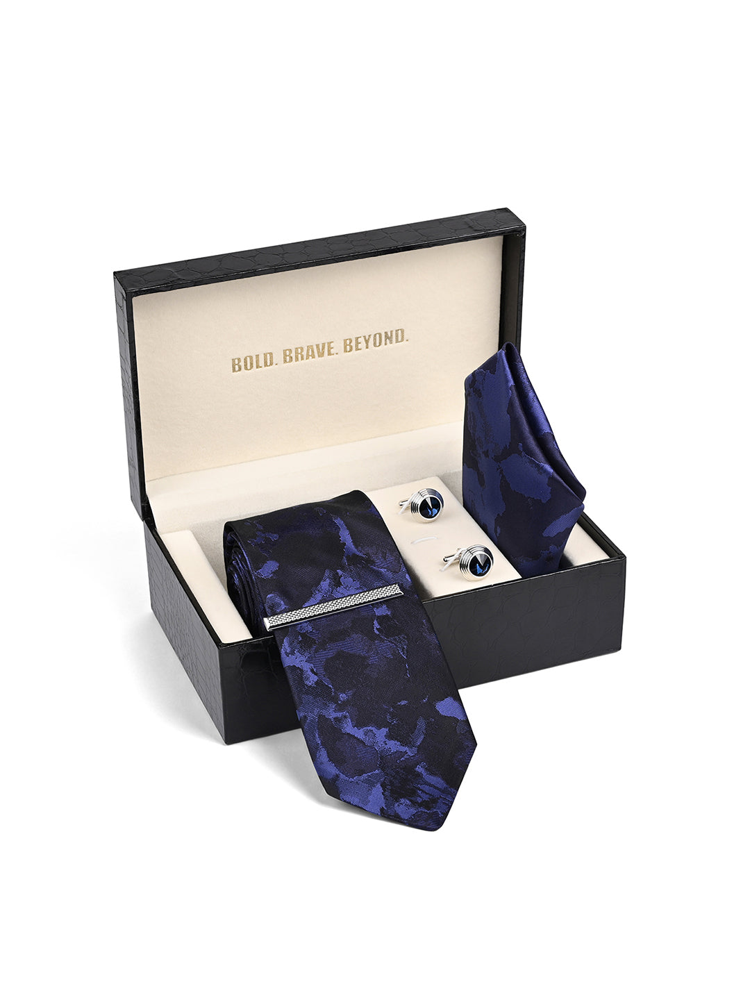 Dark Blue Luxury Polyster Micro Fabric Necktie Set Pocket Square Chrome Tiepin Cufflinks and Brooch