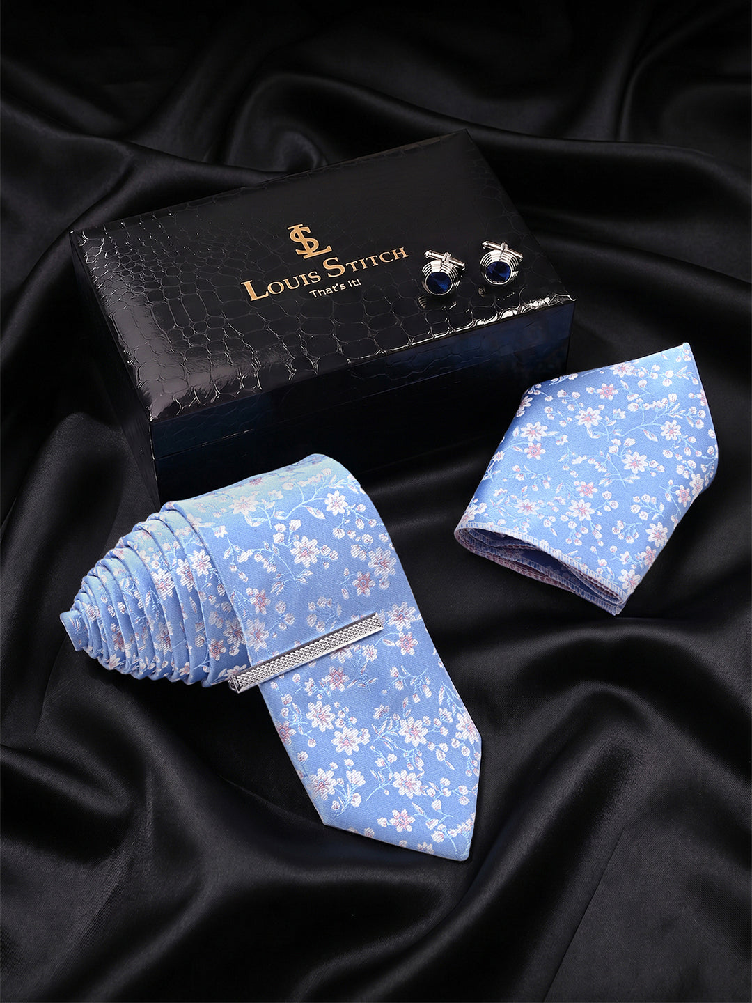Floral Blue Luxury Polyster Micro Fabric Necktie Set Pocket Square Chrome Tiepin Cufflinks and Brooch