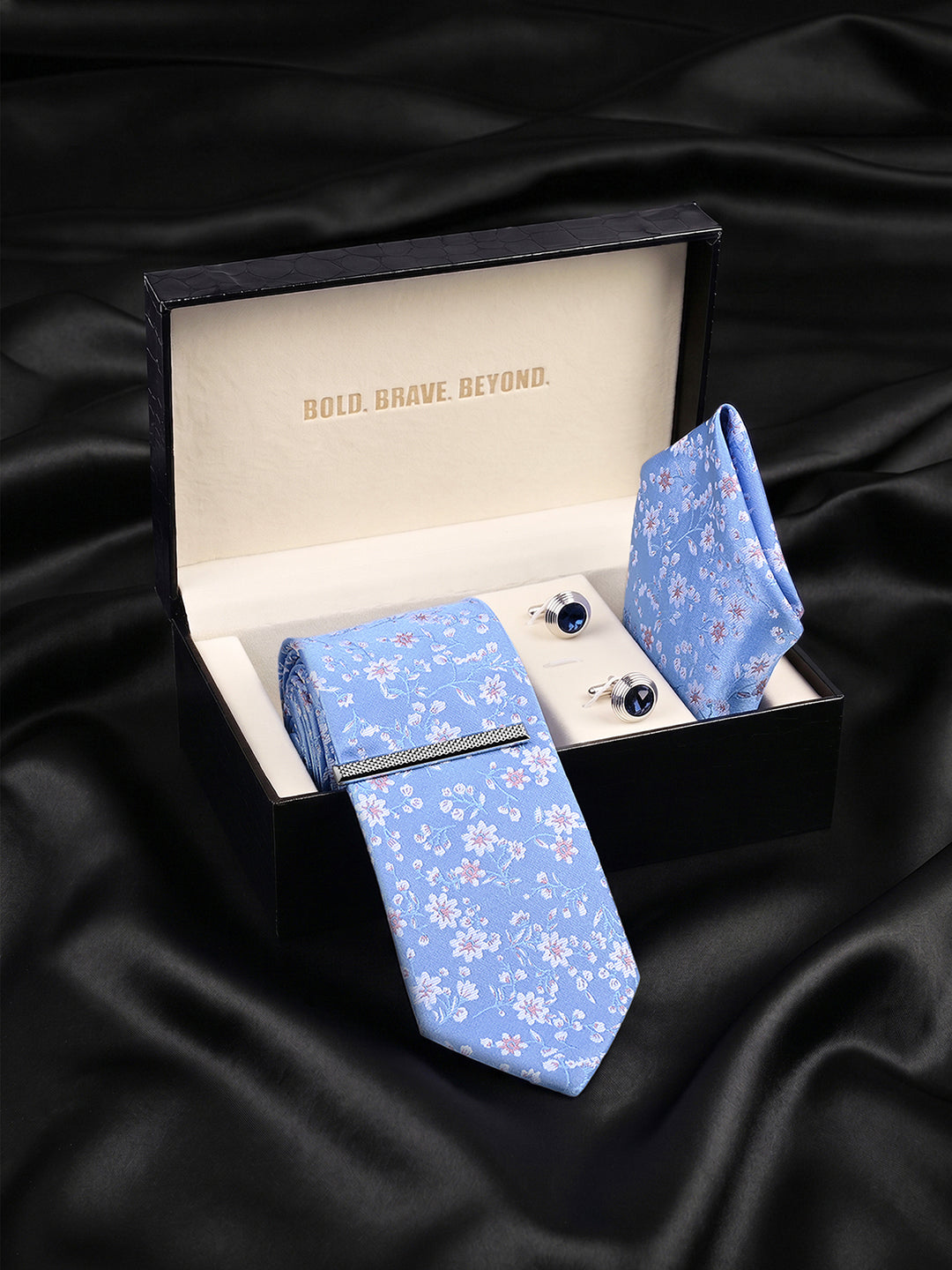 Floral Blue Luxury Polyster Micro Fabric Necktie Set Pocket Square Chrome Tiepin Cufflinks and Brooch