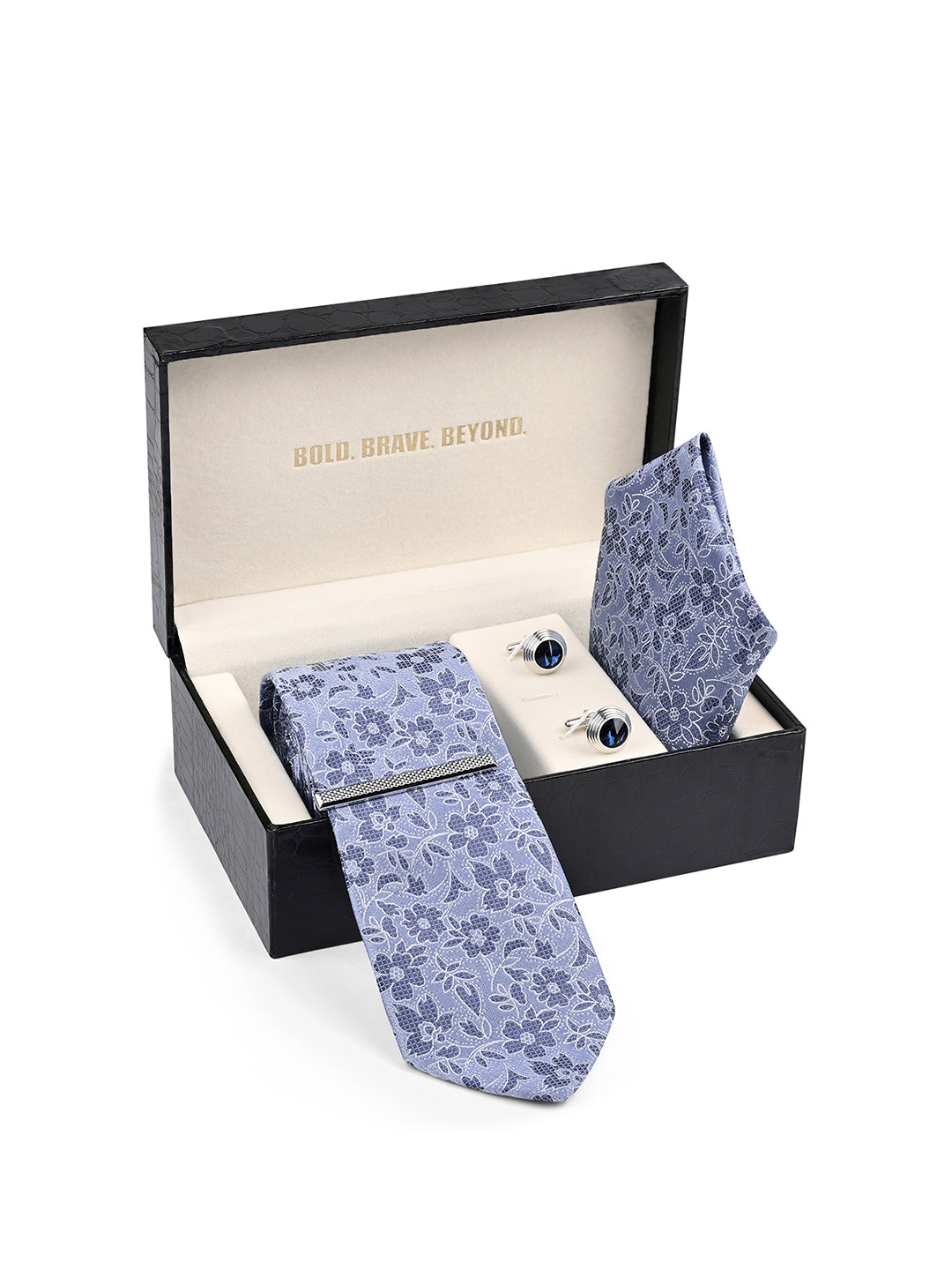 Textured Blue Luxury Polyster Micro Fabric Necktie Set Pocket Square Chrome Tiepin Cufflinks and Brooch