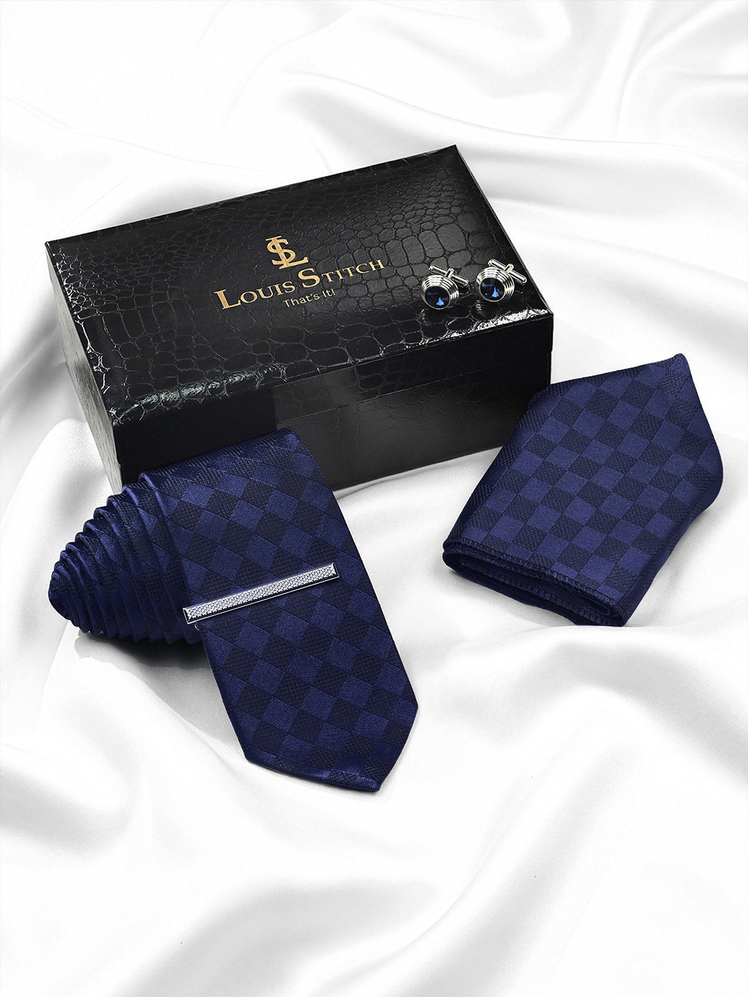Checkered Blue Luxury Polyster Micro Fabric Necktie Set Pocket Square Chrome Tiepin Cufflinks and Brooch