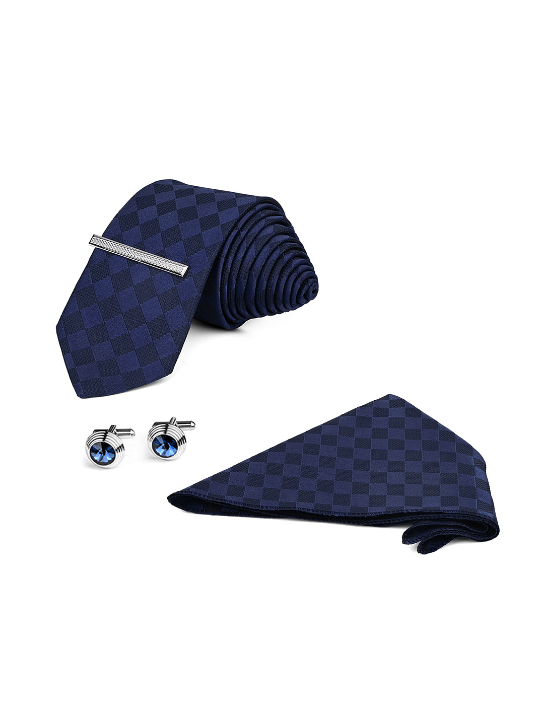 Checkered Blue Luxury Polyster Micro Fabric Necktie Set Pocket Square Chrome Tiepin Cufflinks and Brooch