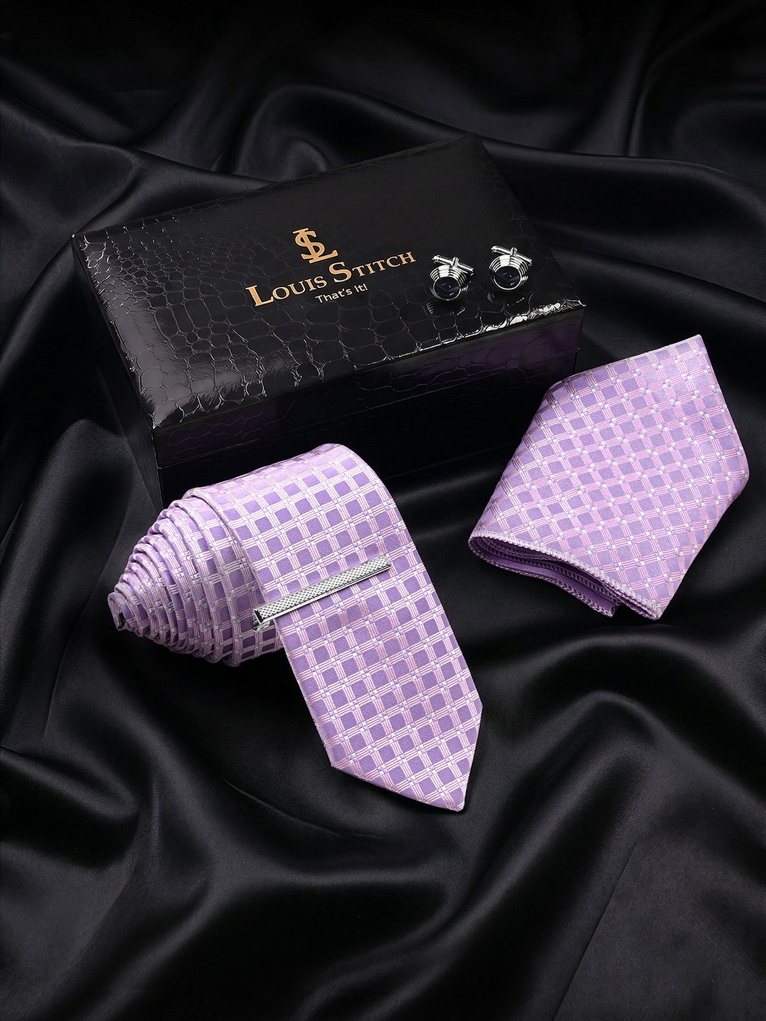 Lilac Luxury Polyster Micro Fabric Necktie Set Pocket Square Chrome Tiepin Cufflinks and Brooch