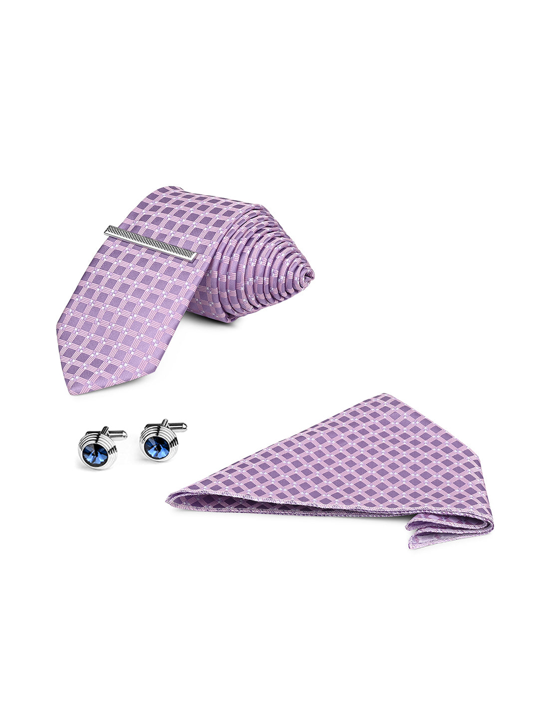 Lilac Luxury Polyster Micro Fabric Necktie Set Pocket Square Chrome Tiepin Cufflinks and Brooch