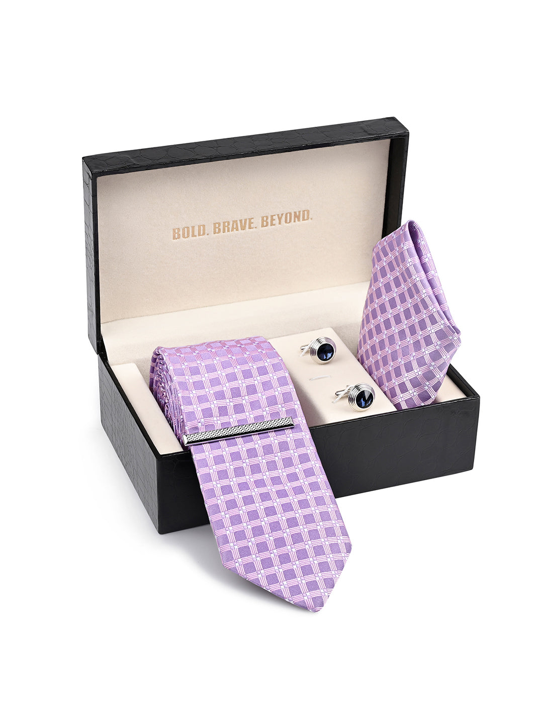 Lilac Luxury Polyster Micro Fabric Necktie Set Pocket Square Chrome Tiepin Cufflinks and Brooch