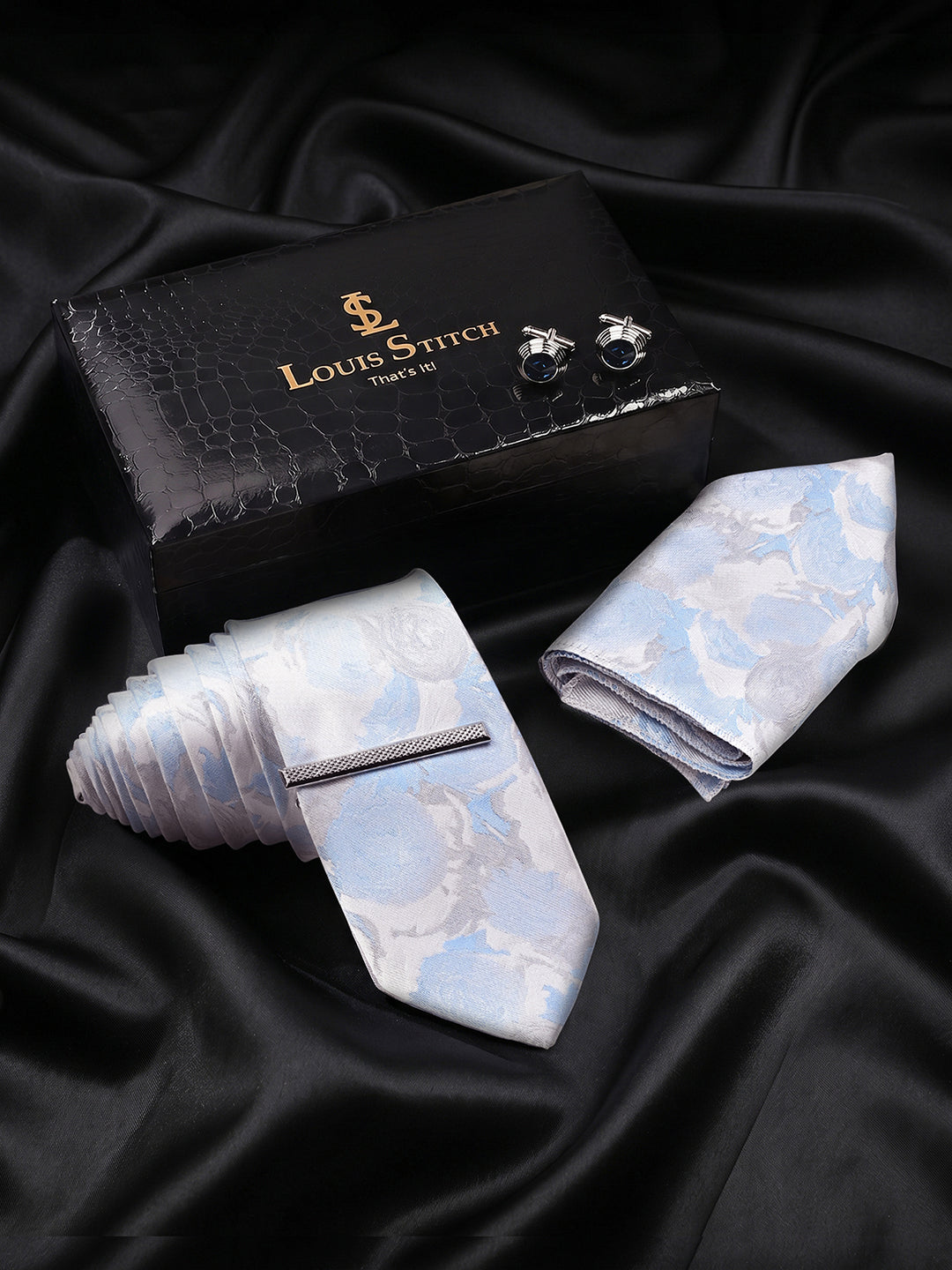 Light Blue Luxury Polyster Micro Fabric Necktie Set Pocket Square Chrome Tiepin Cufflinks and Brooch