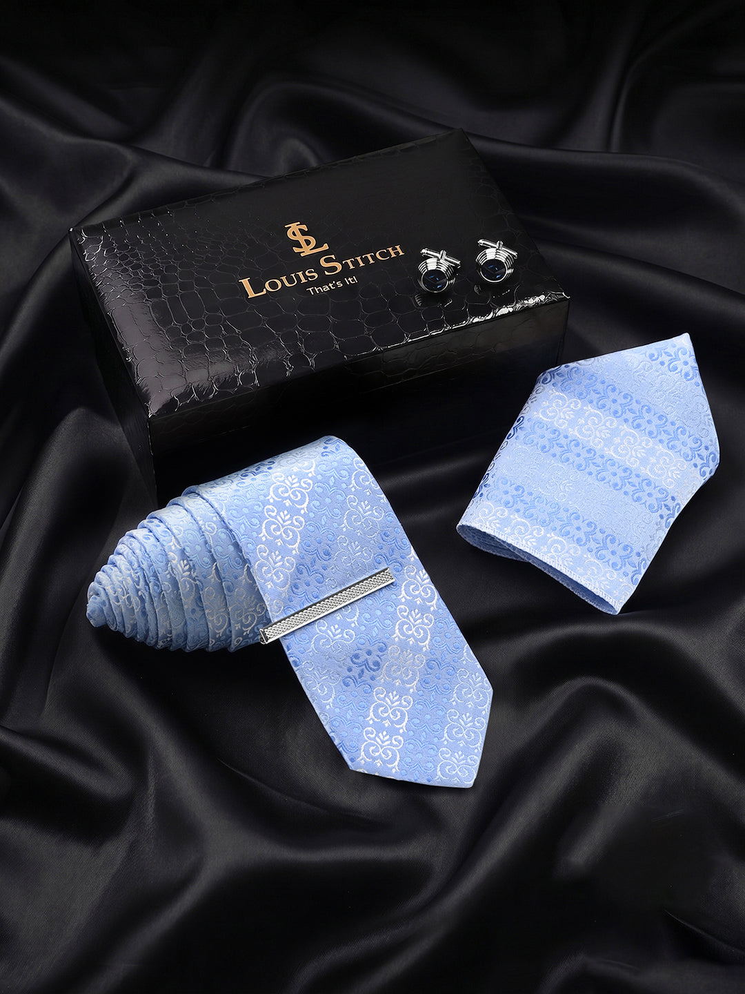 Striped Blue Luxury Polyster Micro Fabric Necktie Set Pocket Square Chrome Tiepin Cufflinks and Brooch