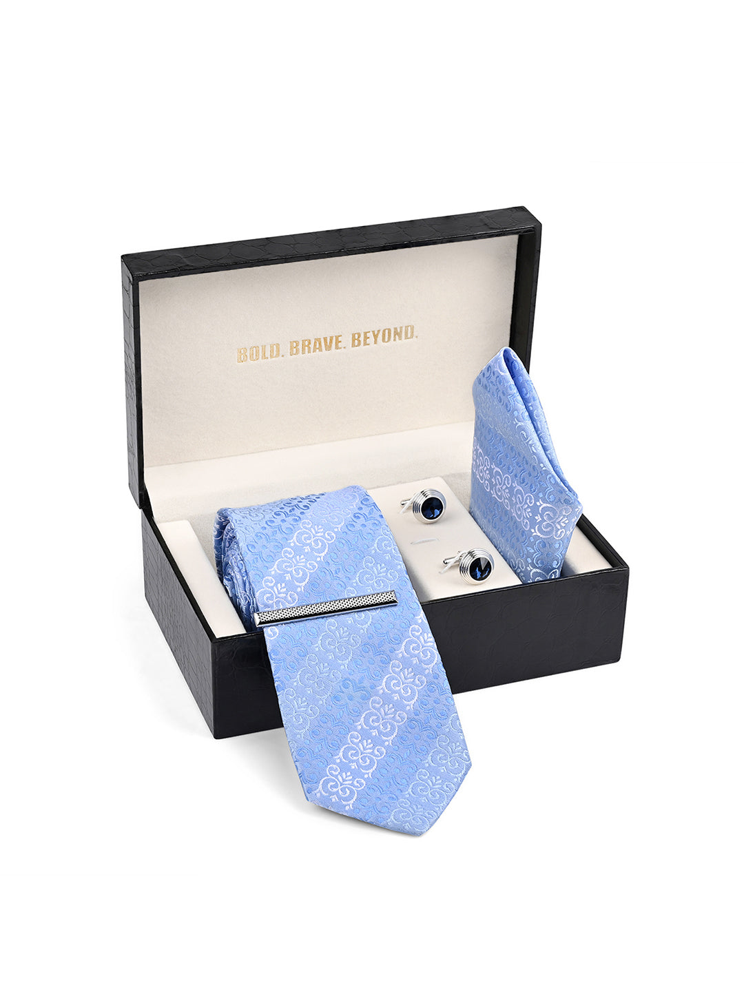 Striped Blue Luxury Polyster Micro Fabric Necktie Set Pocket Square Chrome Tiepin Cufflinks and Brooch