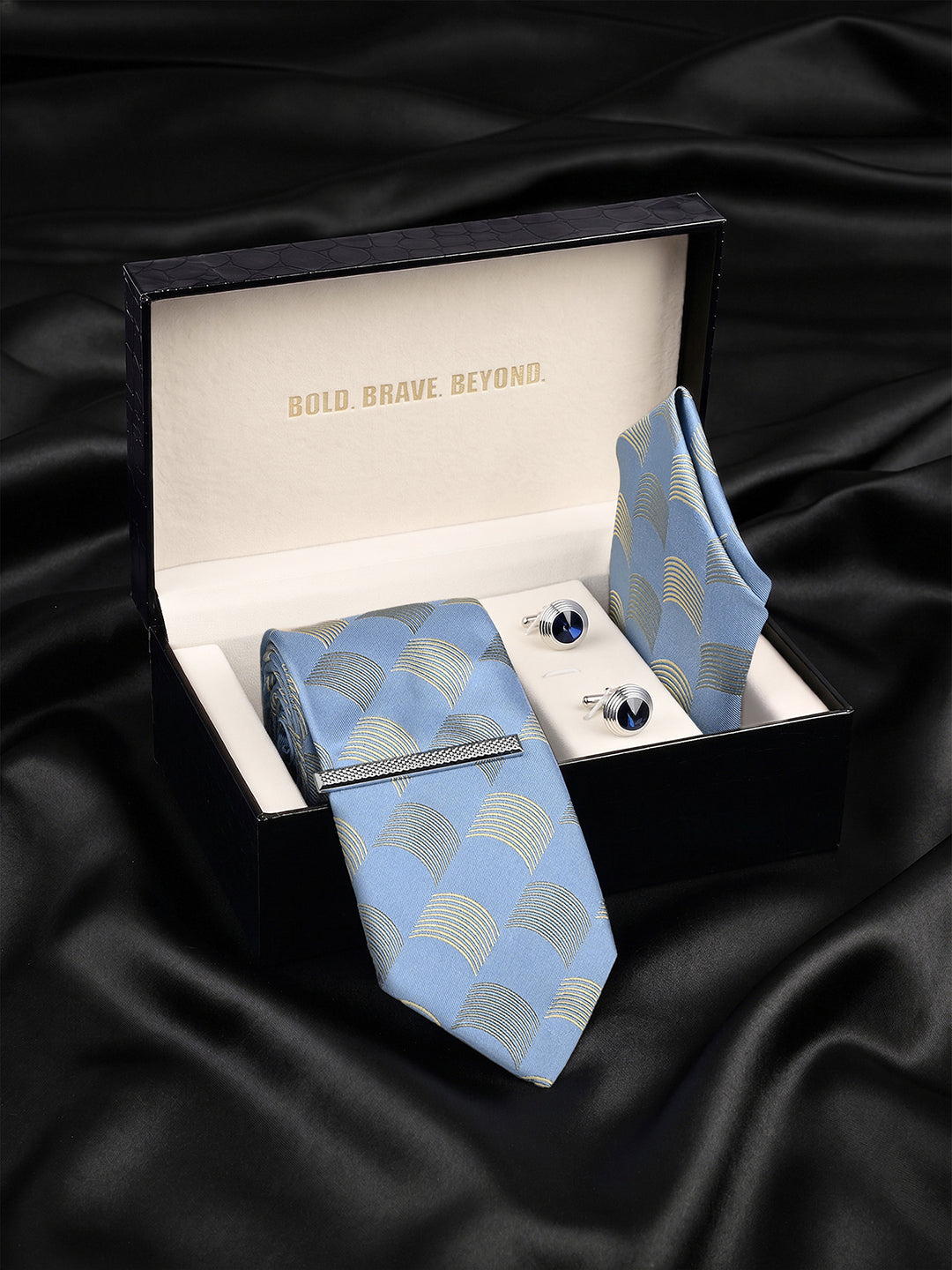 Aqua Blue Luxury Polyster Micro Fabric Necktie Set Pocket Square Chrome Tiepin Cufflinks and Brooch