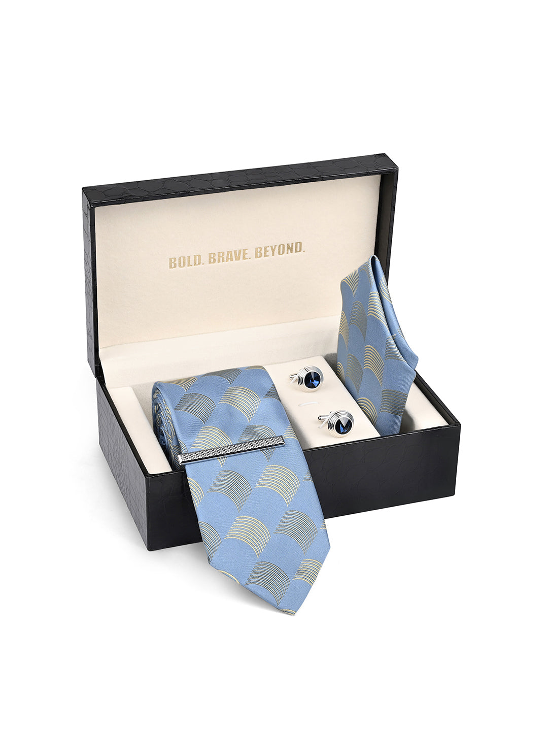 Aqua Blue Luxury Polyster Micro Fabric Necktie Set Pocket Square Chrome Tiepin Cufflinks and Brooch
