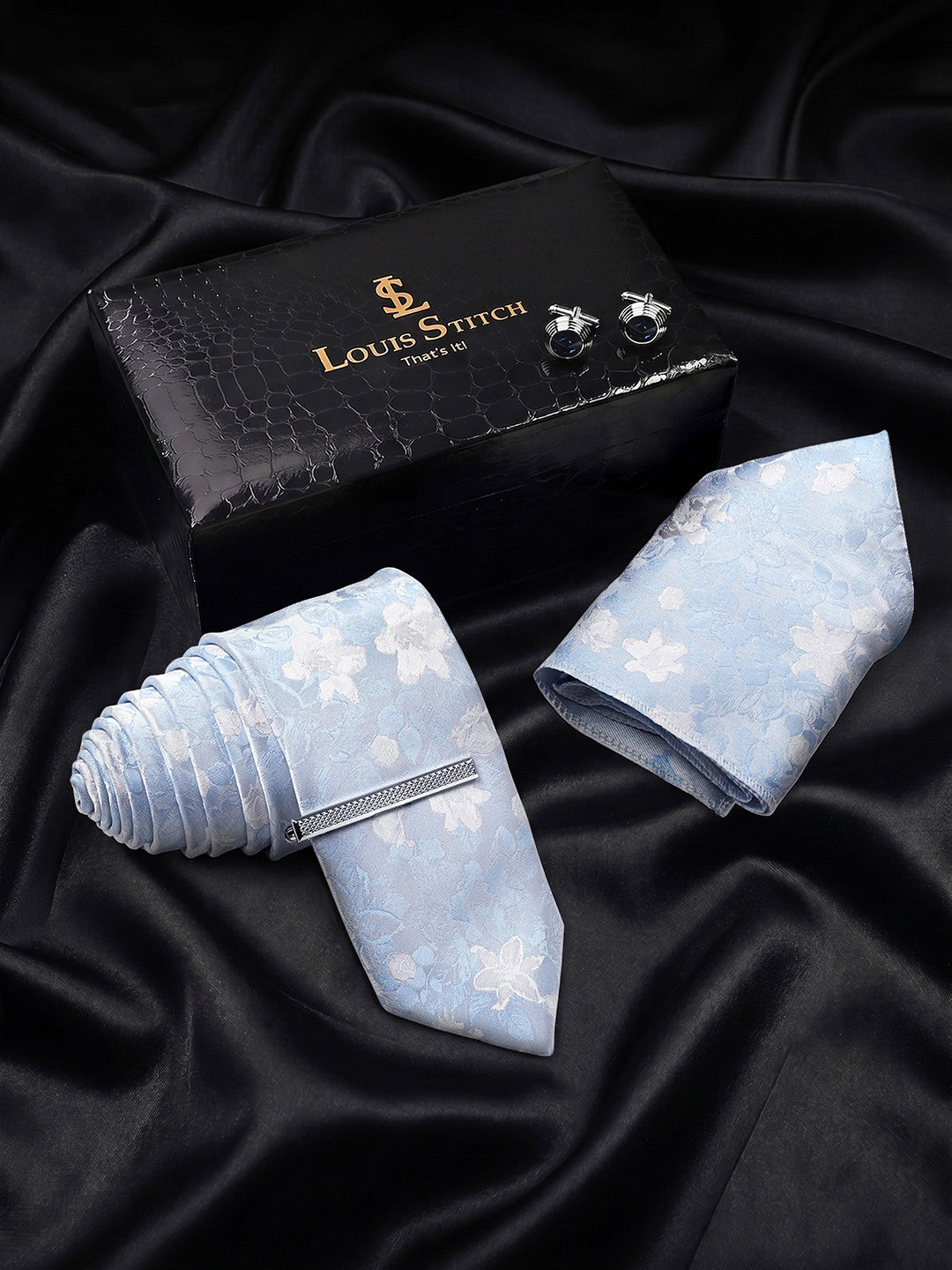Floral Blue & White Luxury Polyster Micro Fabric Necktie Set Pocket Square Chrome Tiepin Cufflinks and Brooch