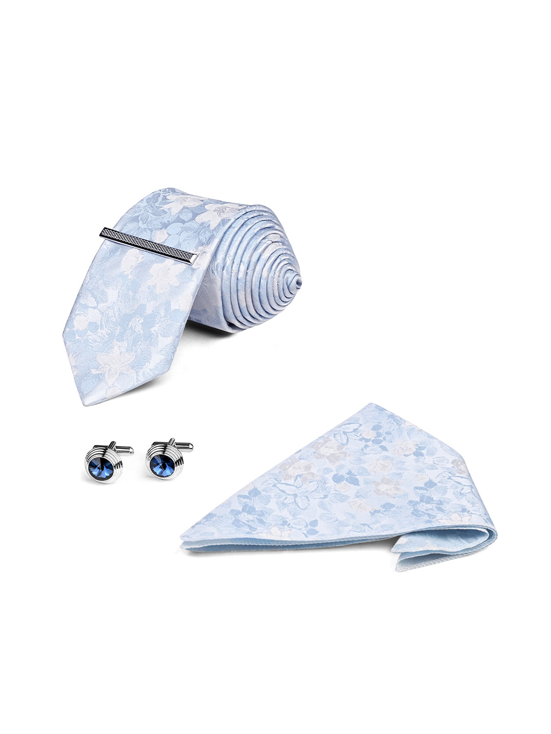Floral Blue & White Luxury Polyster Micro Fabric Necktie Set Pocket Square Chrome Tiepin Cufflinks and Brooch