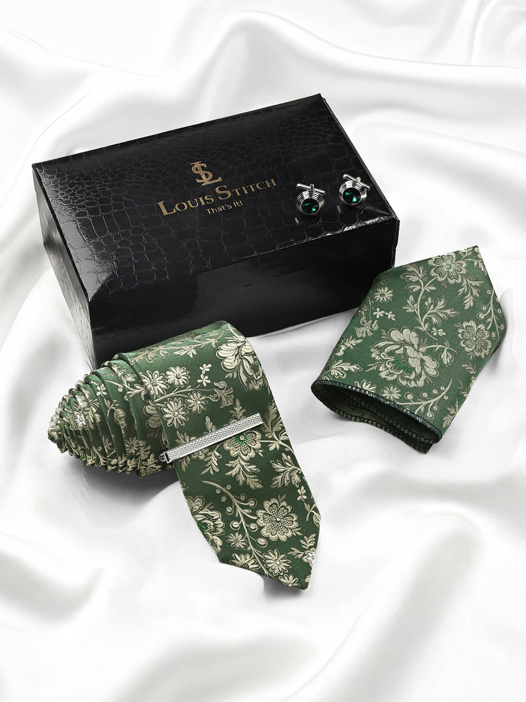 Floral Green Luxury Polyster Micro Fabric Necktie Set Pocket Square Chrome Tiepin Cufflinks and Brooch