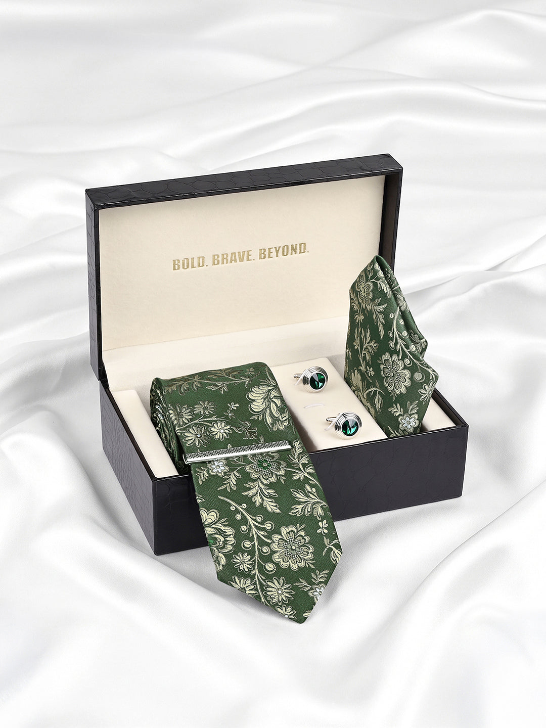 Floral Green Luxury Polyster Micro Fabric Necktie Set Pocket Square Chrome Tiepin Cufflinks and Brooch
