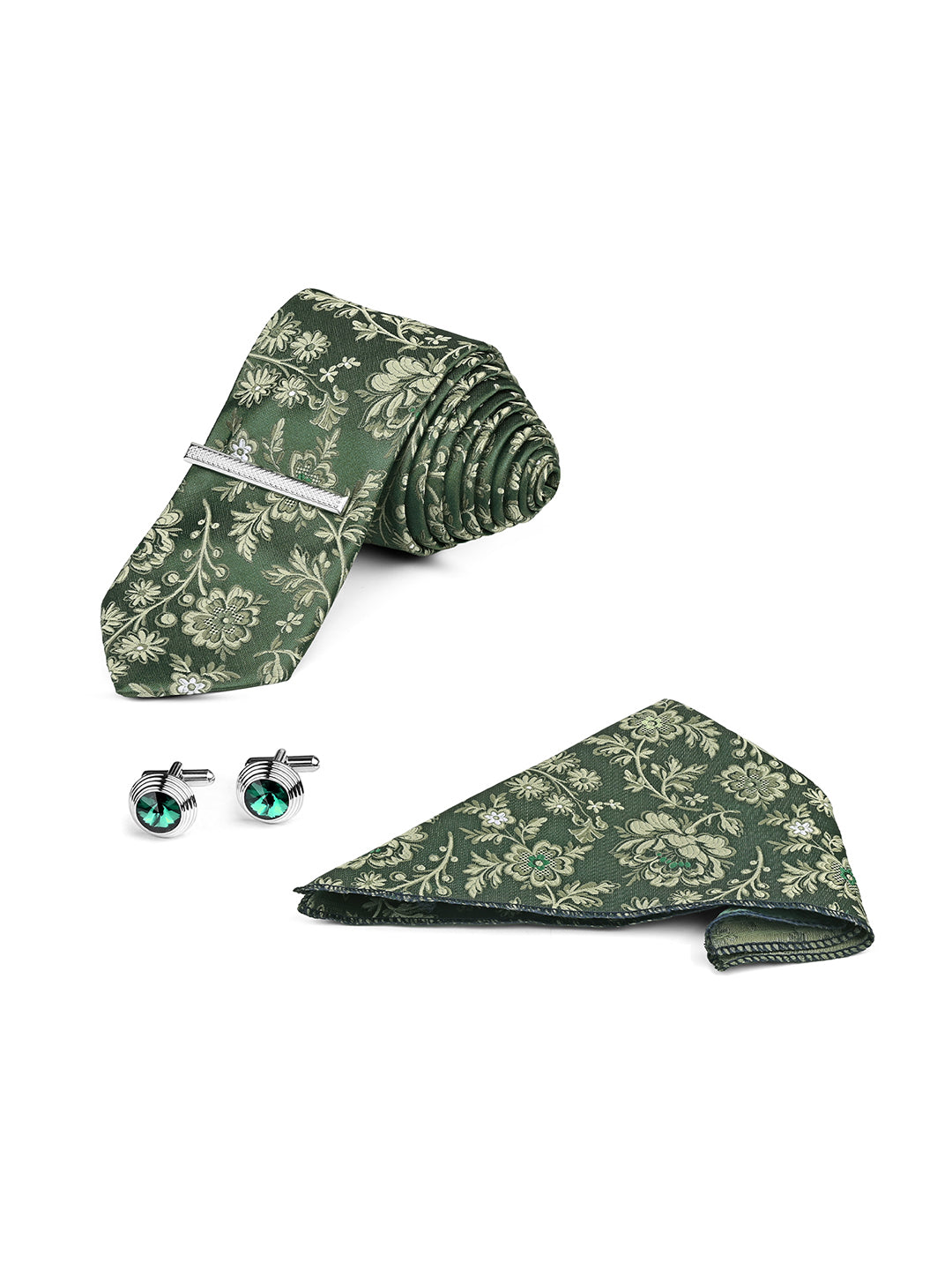 Floral Green Luxury Polyster Micro Fabric Necktie Set Pocket Square Chrome Tiepin Cufflinks and Brooch