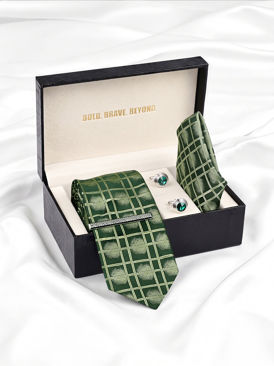 Sage Green Luxury Polyster Micro Fabric Necktie Set Pocket Square Chrome Tiepin Cufflinks and Brooch
