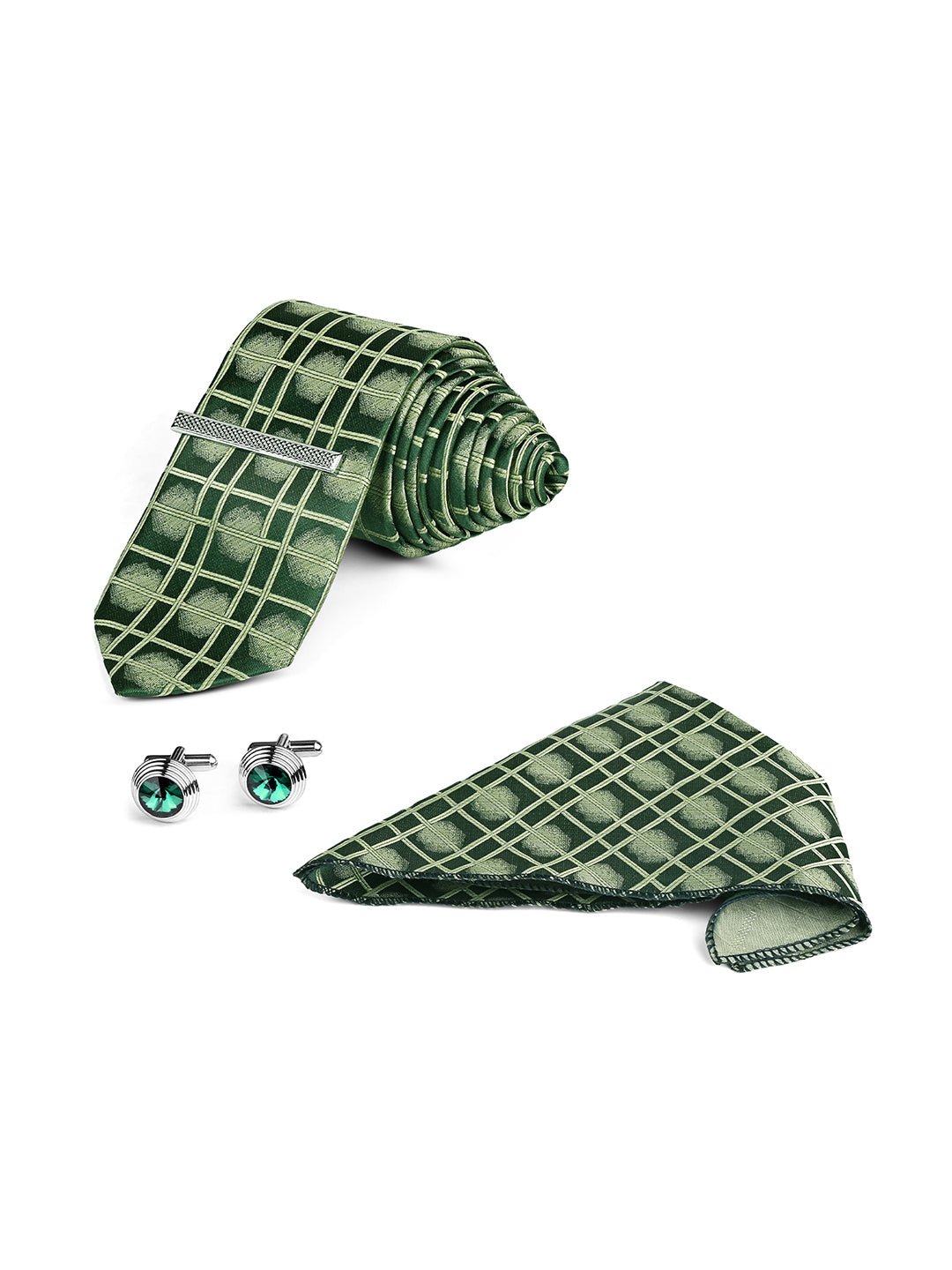 Sage Green Luxury Polyster Micro Fabric Necktie Set Pocket Square Chrome Tiepin Cufflinks and Brooch
