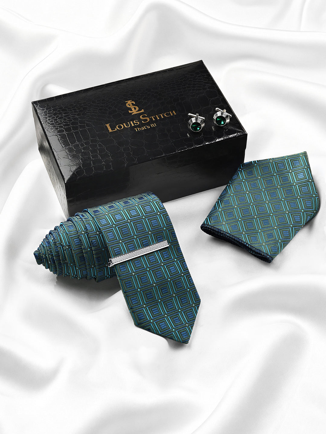 Navy & Teal Luxury Polyster Micro Fabric Necktie Set Pocket Square Chrome Tiepin Cufflinks and Brooch