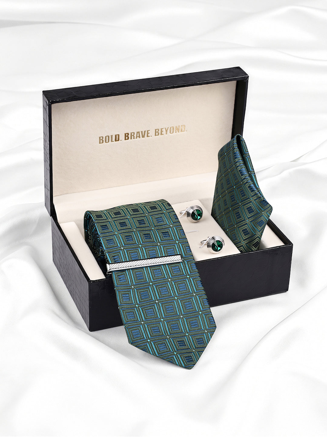 Navy & Teal Luxury Polyster Micro Fabric Necktie Set Pocket Square Chrome Tiepin Cufflinks and Brooch