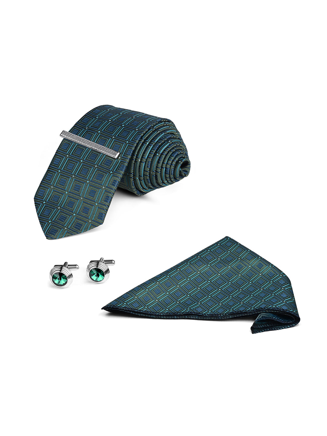 Navy & Teal Luxury Polyster Micro Fabric Necktie Set Pocket Square Chrome Tiepin Cufflinks and Brooch