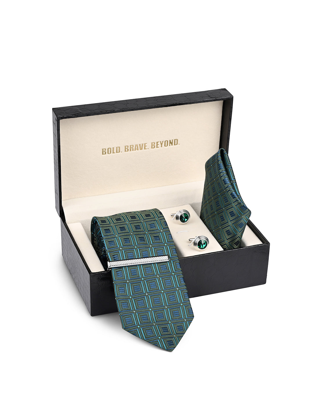 Navy & Teal Luxury Polyster Micro Fabric Necktie Set Pocket Square Chrome Tiepin Cufflinks and Brooch
