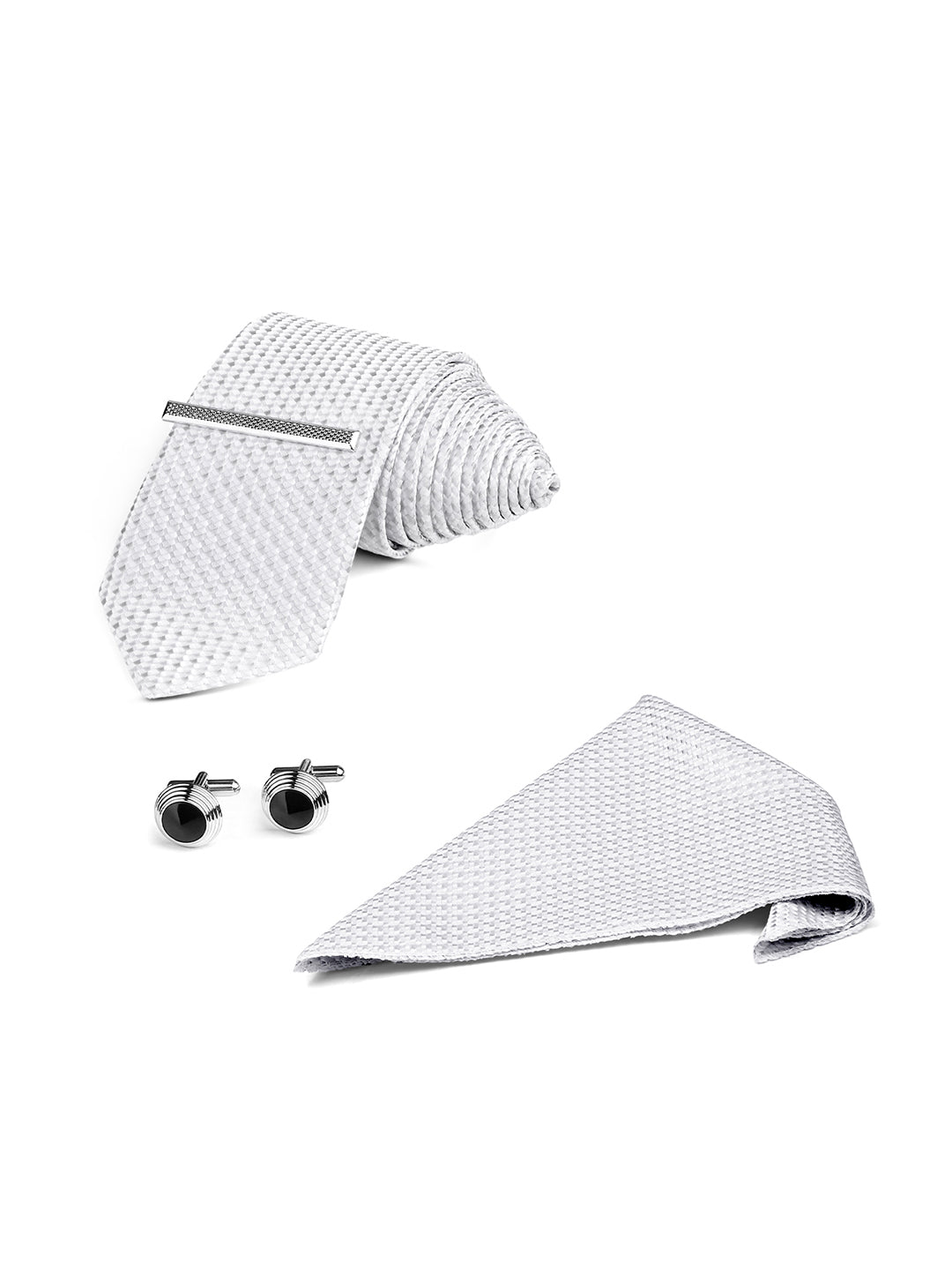 Textured White Luxury Polyster Micro Fabric Necktie Set Pocket Square Chrome Tiepin Cufflinks and Brooch
