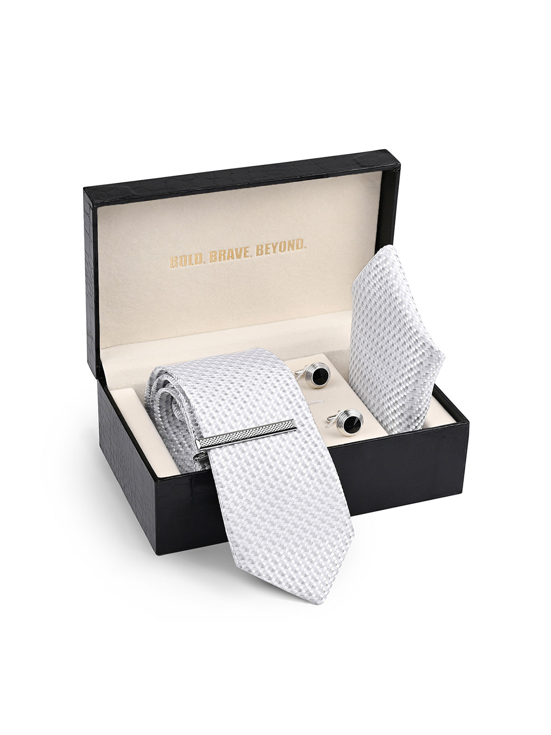 Textured White Luxury Polyster Micro Fabric Necktie Set Pocket Square Chrome Tiepin Cufflinks and Brooch