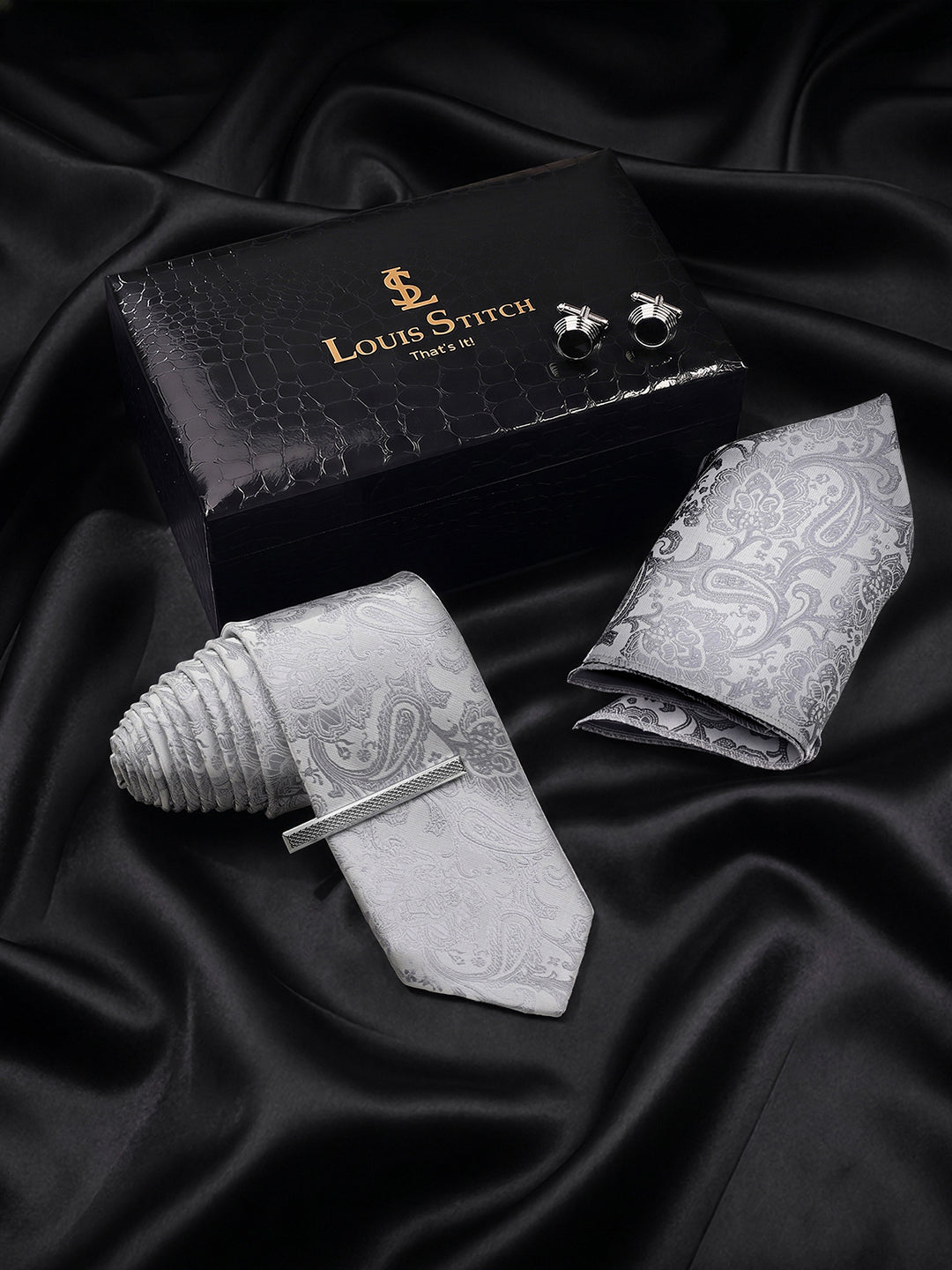 Paisley Grey Luxury Polyster Micro Fabric Necktie Set Pocket Square Chrome Tiepin Cufflinks and Brooch