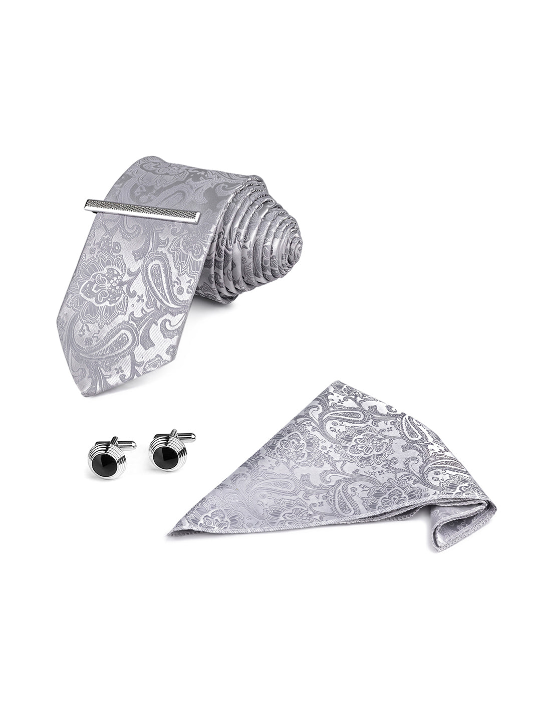 Paisley Grey Luxury Polyster Micro Fabric Necktie Set Pocket Square Chrome Tiepin Cufflinks and Brooch