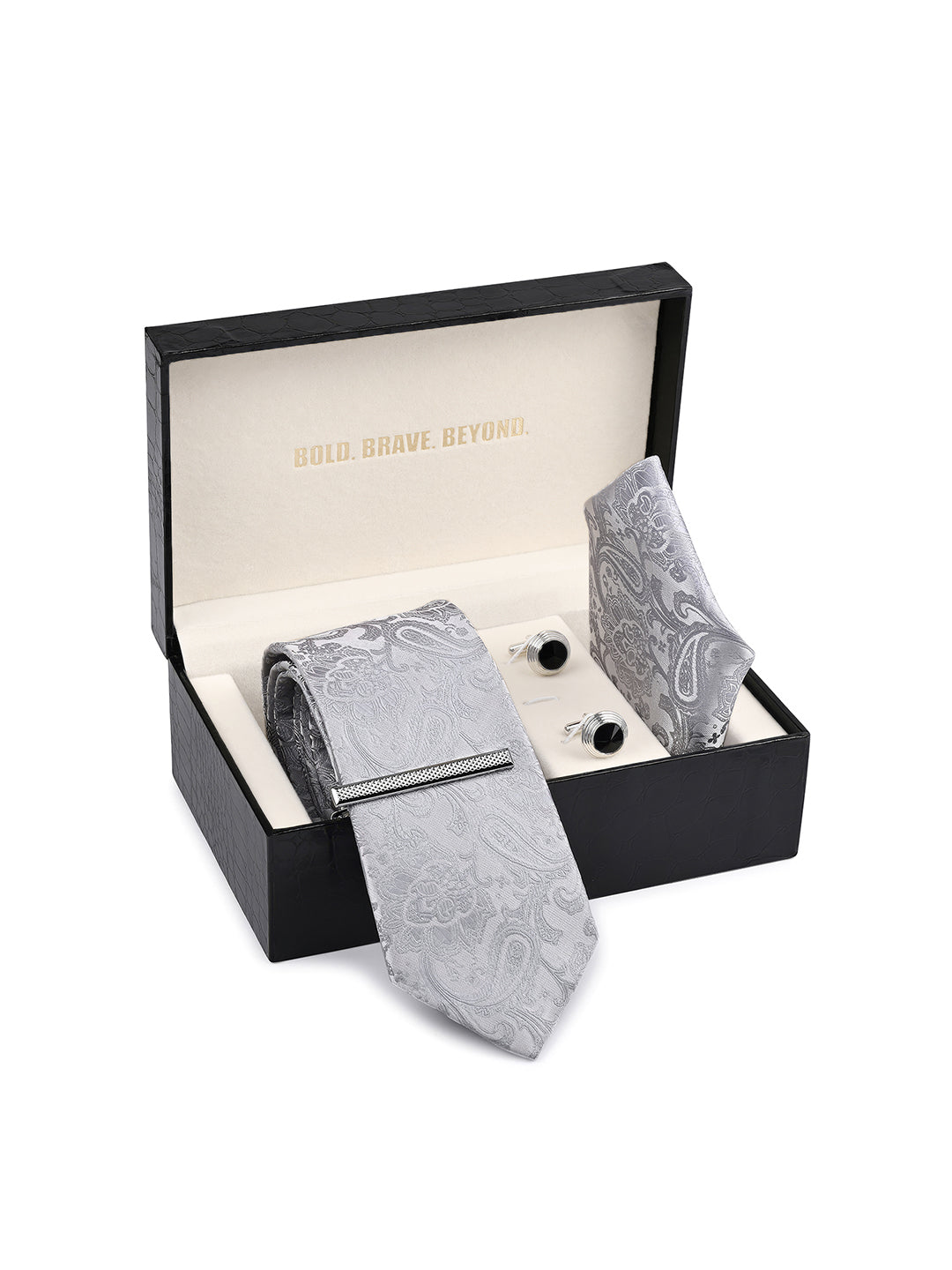 Paisley Grey Luxury Polyster Micro Fabric Necktie Set Pocket Square Chrome Tiepin Cufflinks and Brooch