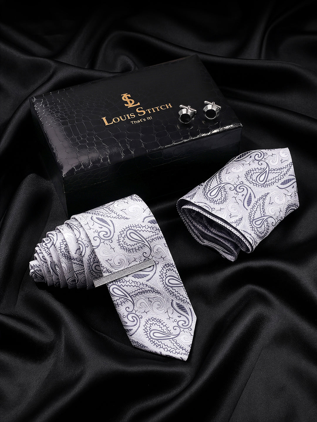Charcoal Grey Luxury Polyster Micro Fabric Necktie Set Pocket Square Chrome Tiepin Cufflinks and Brooch