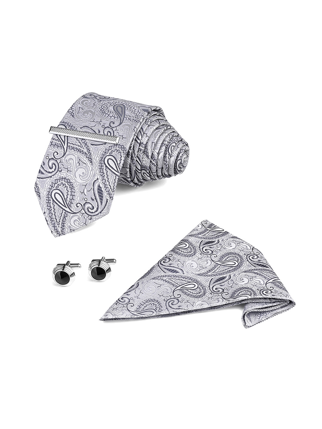 Charcoal Grey Luxury Polyster Micro Fabric Necktie Set Pocket Square Chrome Tiepin Cufflinks and Brooch