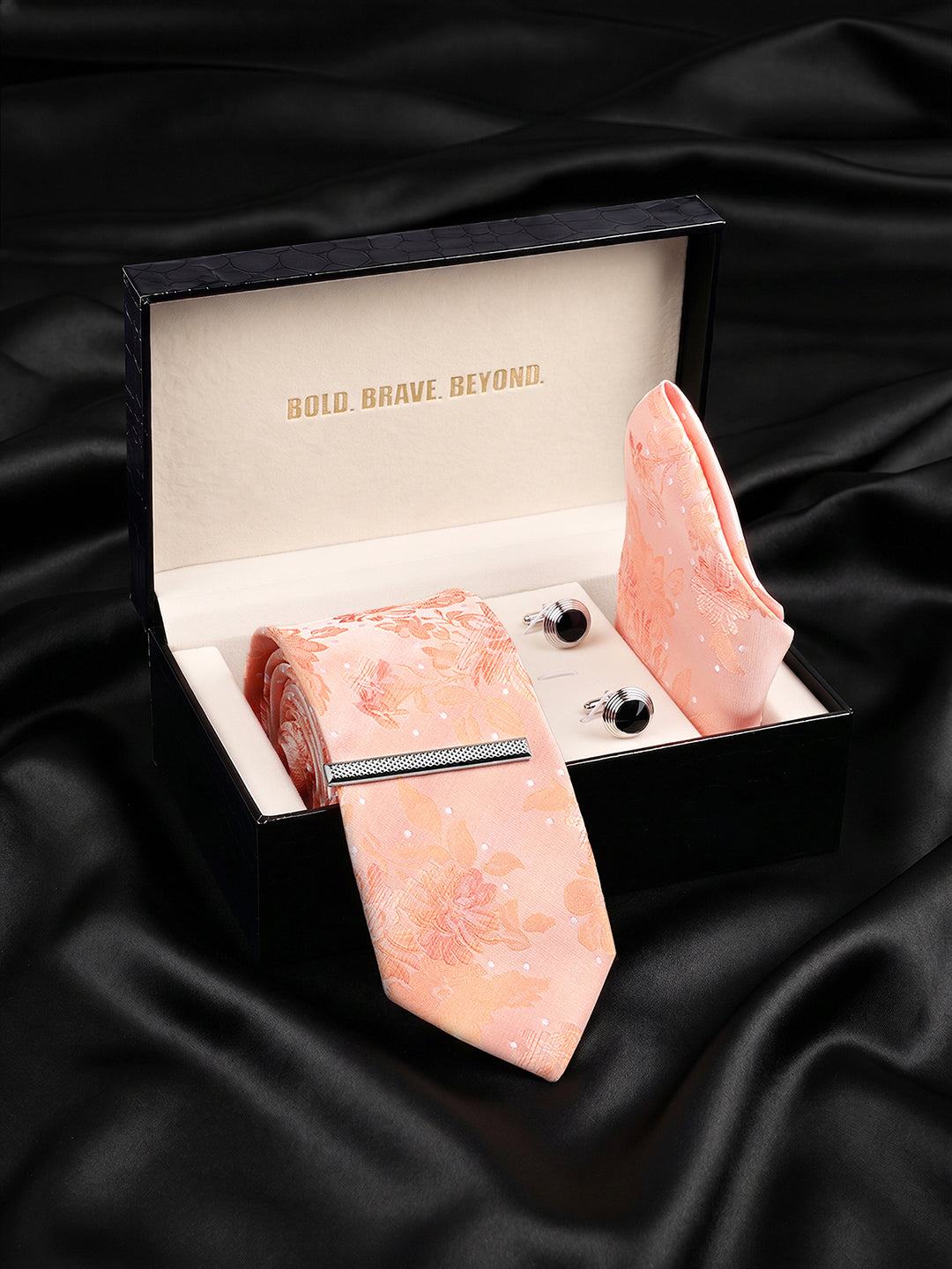 Floral Orange Luxury Polyster Micro Fabric Necktie Set Pocket Square Chrome Tiepin Cufflinks and Brooch