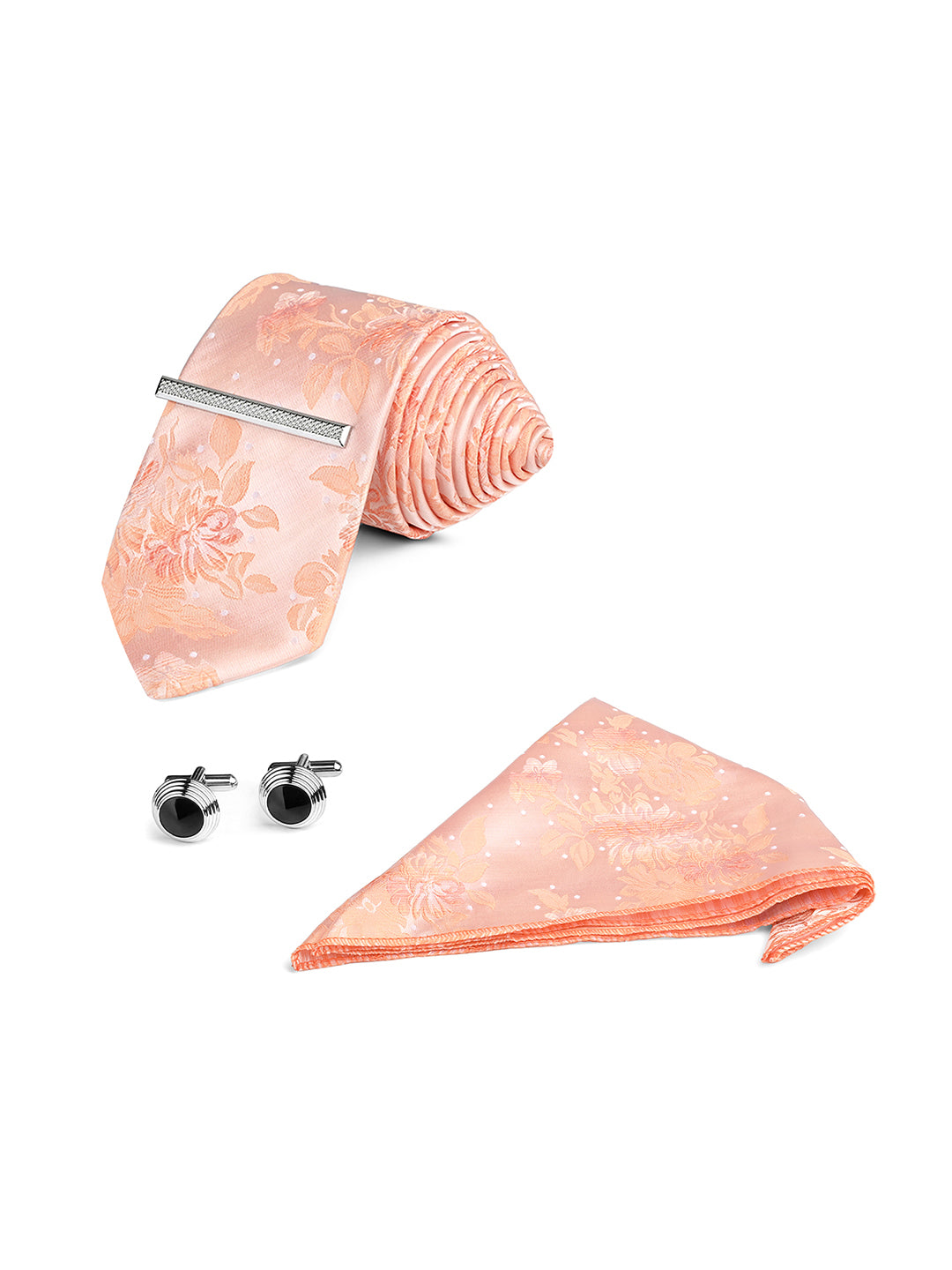 Floral Orange Luxury Polyster Micro Fabric Necktie Set Pocket Square Chrome Tiepin Cufflinks and Brooch