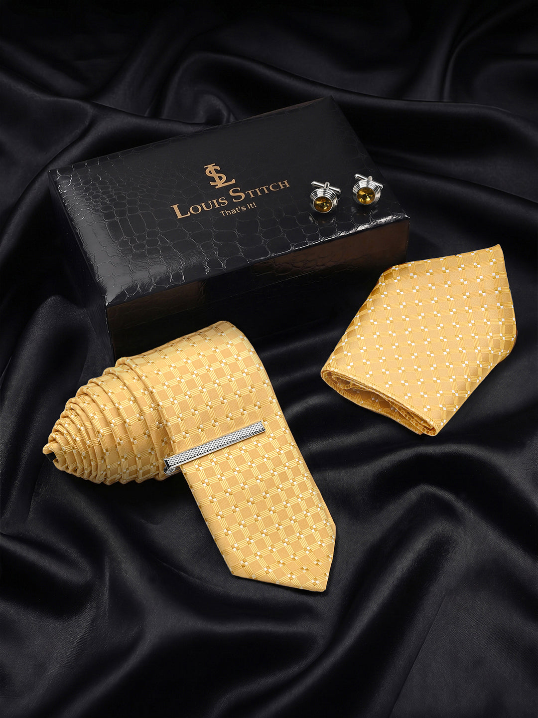 Mustard Yellow Luxury Polyster Micro Fabric Necktie Set Pocket Square Chrome Tiepin Cufflinks and Brooch