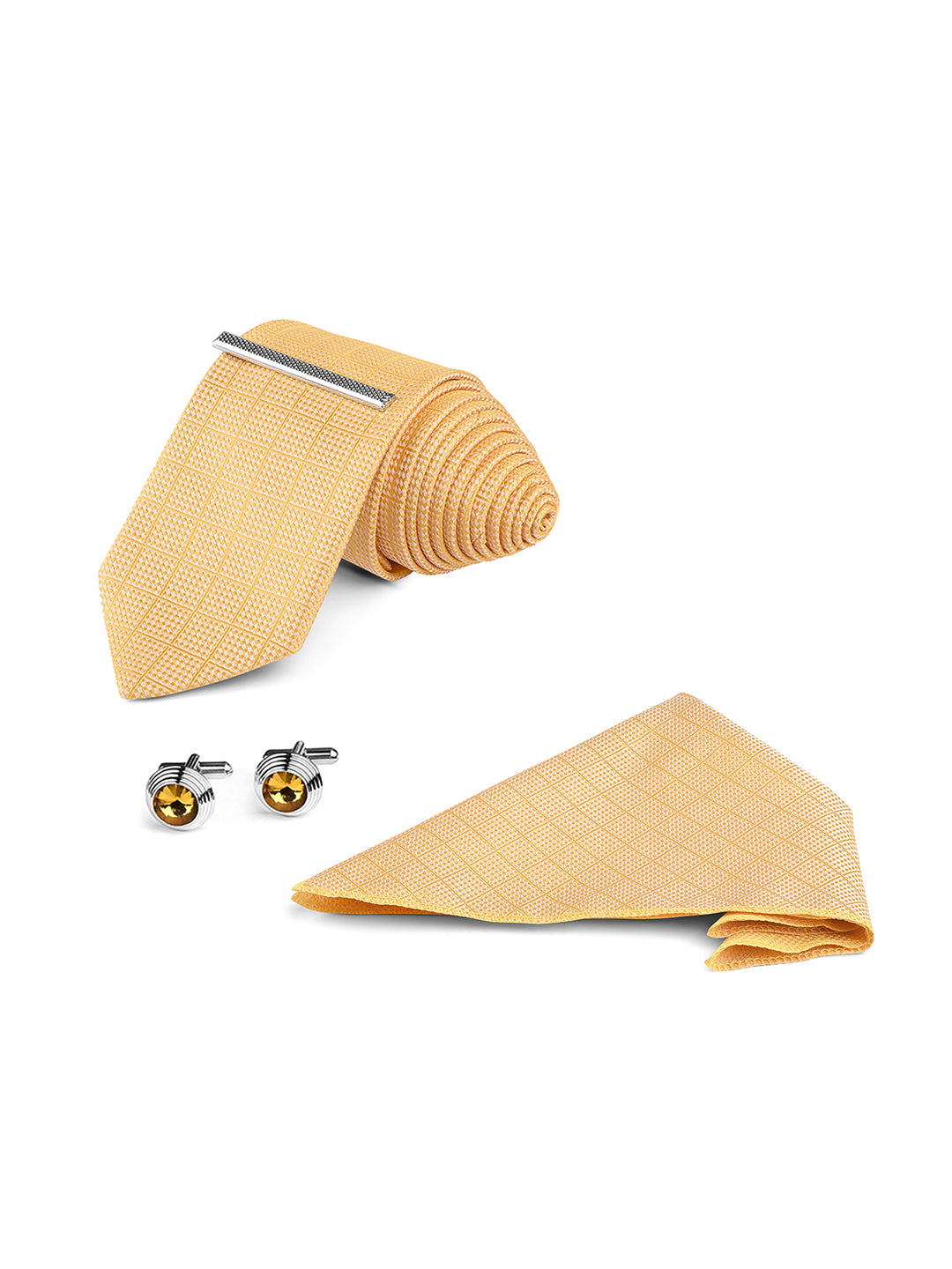 Geometric Yellow Luxury Polyster Micro Fabric Necktie Set Pocket Square Chrome Tiepin Cufflinks and Brooch