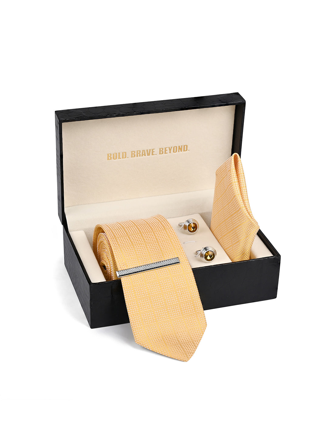 Geometric Yellow Luxury Polyster Micro Fabric Necktie Set Pocket Square Chrome Tiepin Cufflinks and Brooch