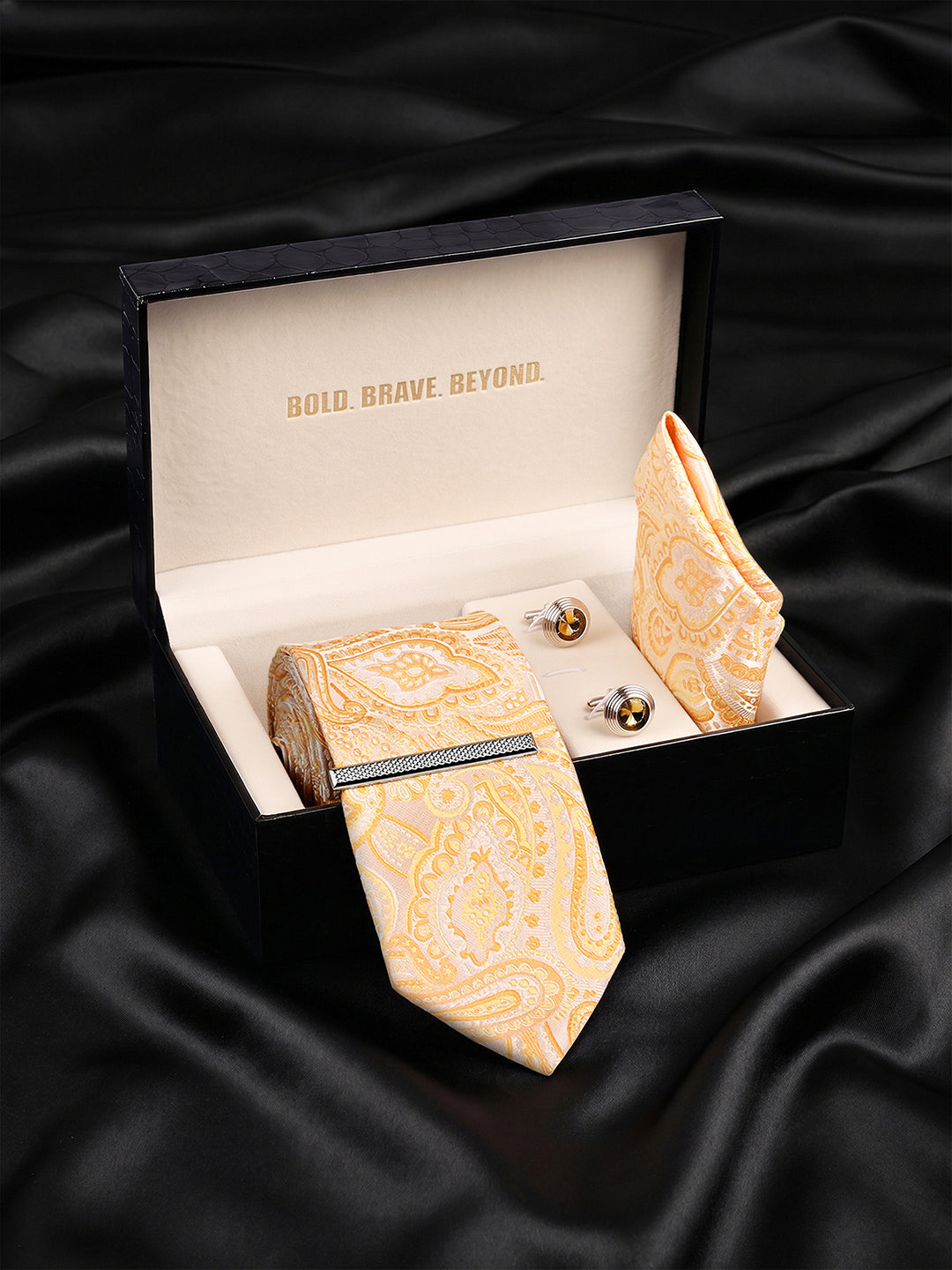Paisley Yellow Luxury Polyster Micro Fabric Necktie Set Pocket Square Chrome Tiepin Cufflinks and Brooch