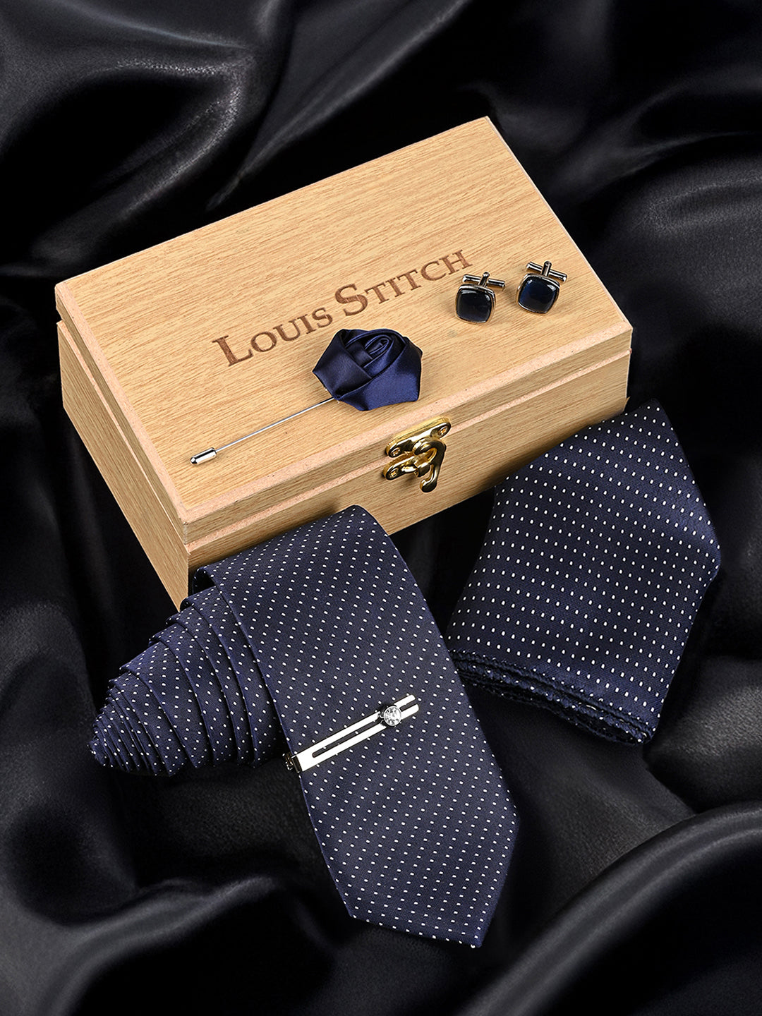 Blue Luxury Polyster Micro Fabric Necktie Set Pocket Square Chrome Tiepin Cufflinks and Brooch