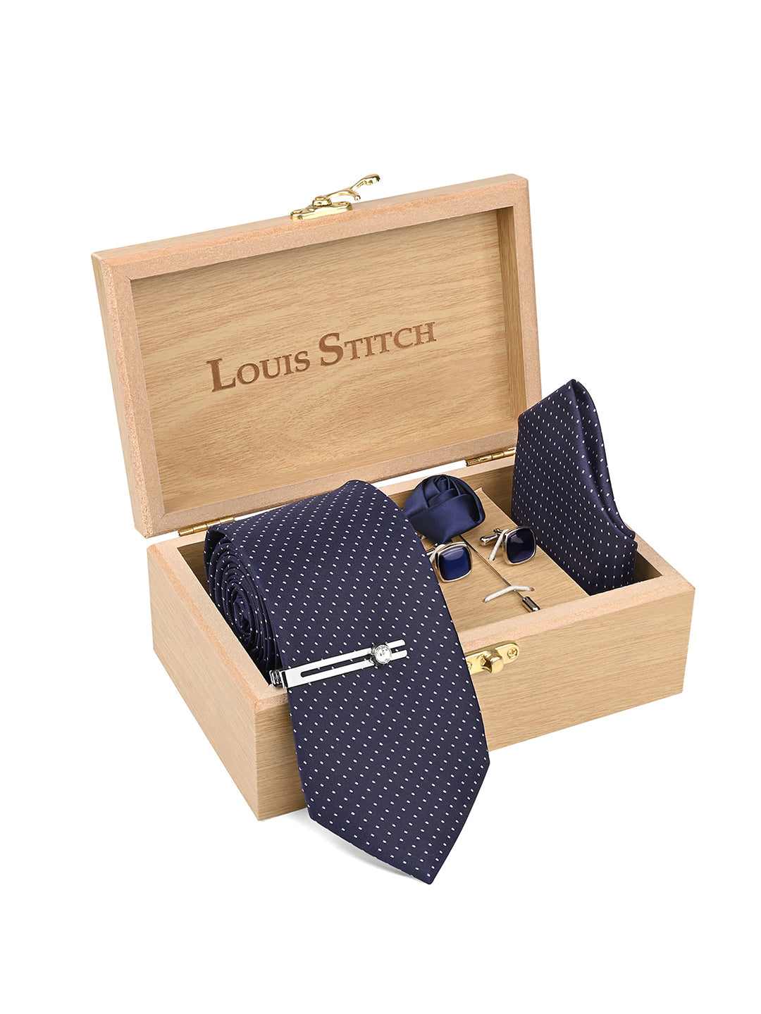 Blue Luxury Polyster Micro Fabric Necktie Set Pocket Square Chrome Tiepin Cufflinks and Brooch