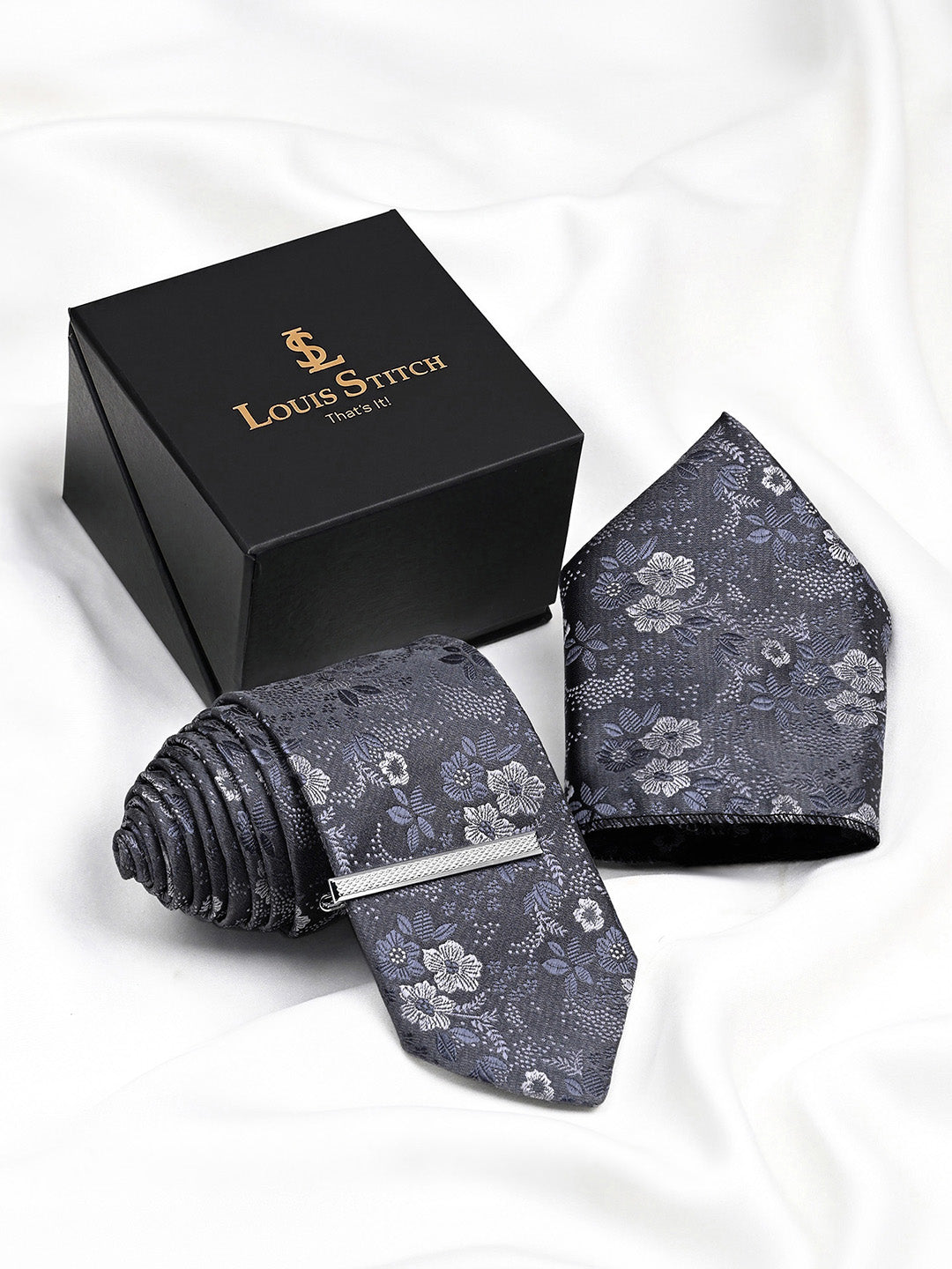 Floral Black Luxury Polyster Micro Fabric Necktie Set Pocket Square Chrome Tiepin