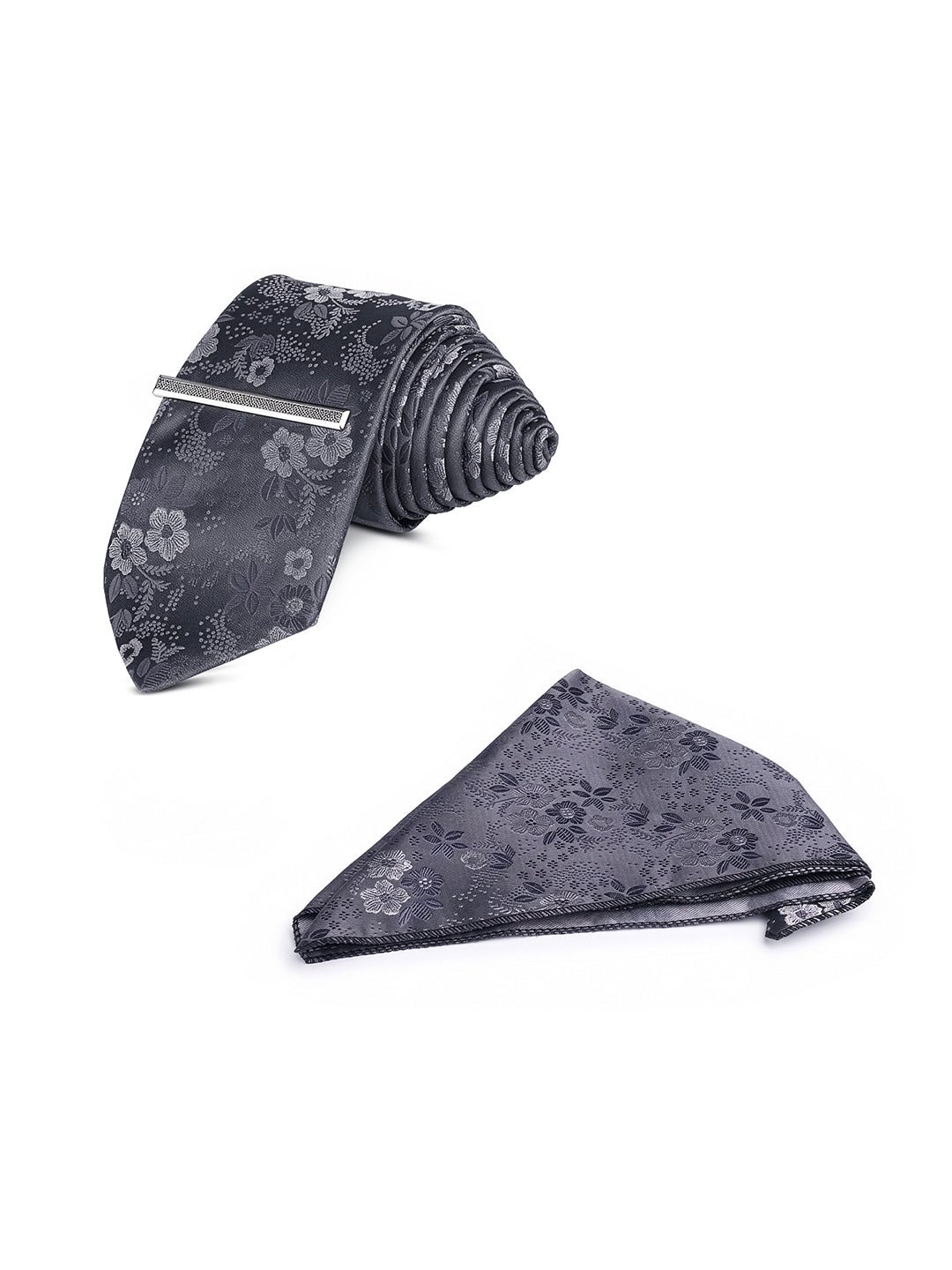 Floral Black Luxury Polyster Micro Fabric Necktie Set Pocket Square Chrome Tiepin