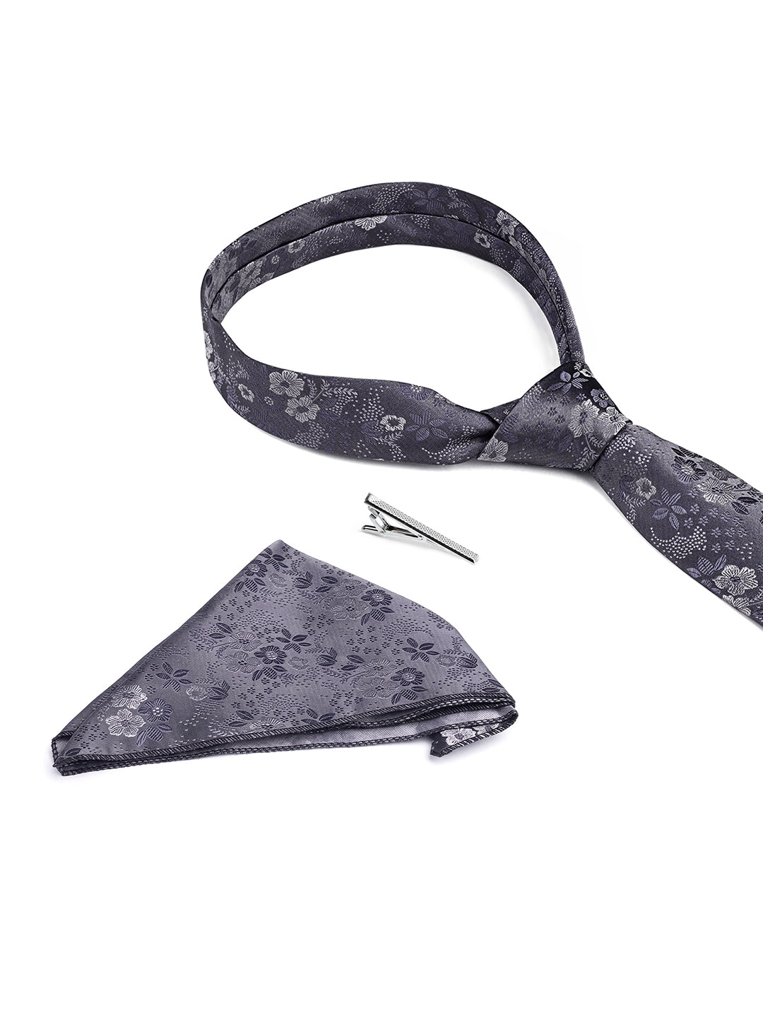 Floral Black Luxury Polyster Micro Fabric Necktie Set Pocket Square Chrome Tiepin