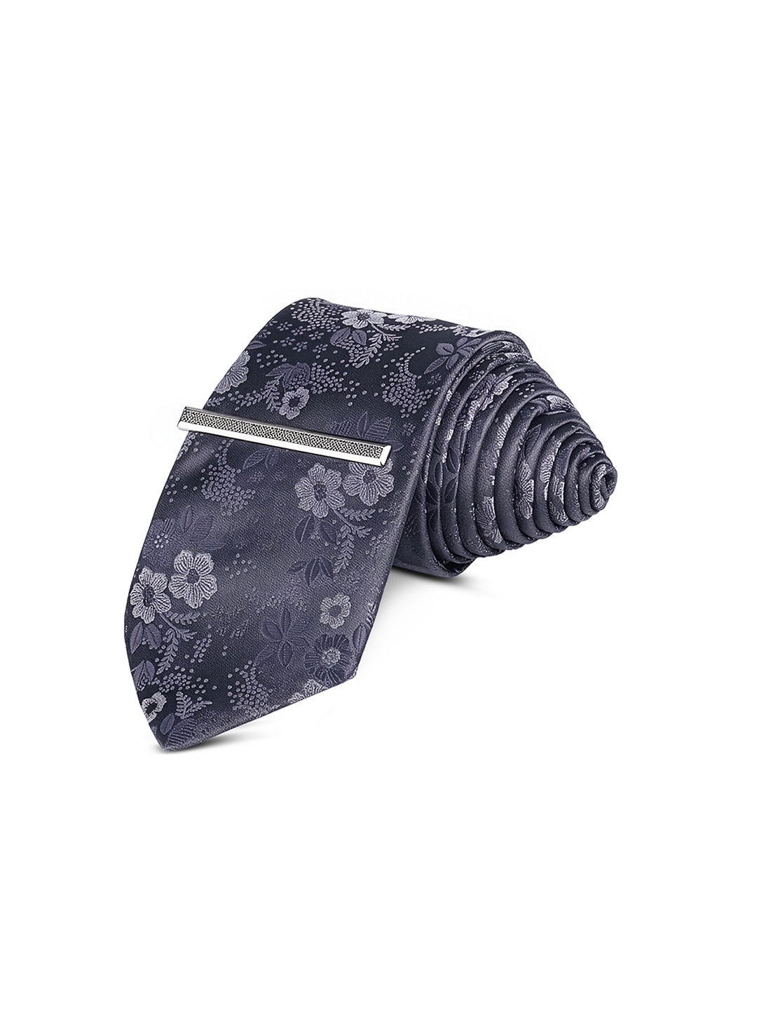 Floral Black Luxury Polyster Micro Fabric Necktie Set Pocket Square Chrome Tiepin