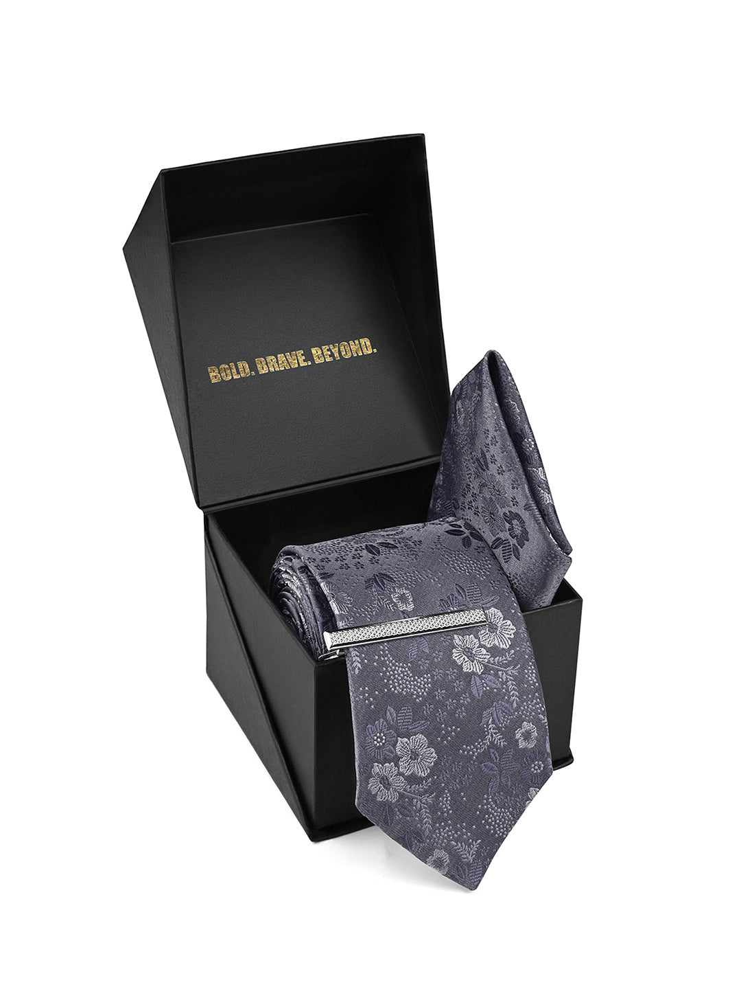 Floral Black Luxury Polyster Micro Fabric Necktie Set Pocket Square Chrome Tiepin