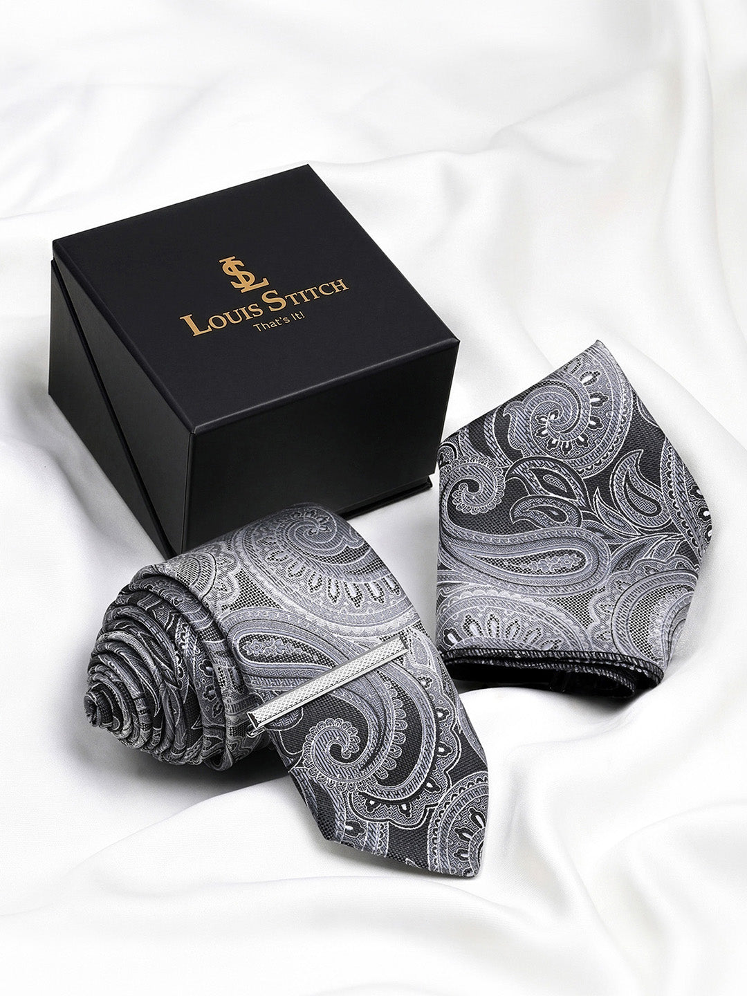 Paisley Black Luxury Polyster Micro Fabric Necktie Set Pocket Square Chrome Tiepin