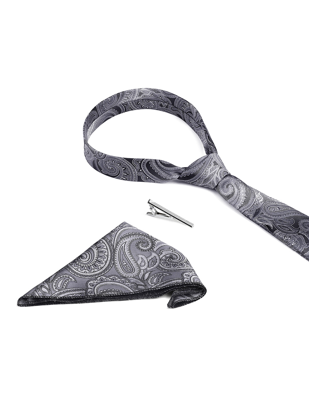 Paisley Black Luxury Polyster Micro Fabric Necktie Set Pocket Square Chrome Tiepin