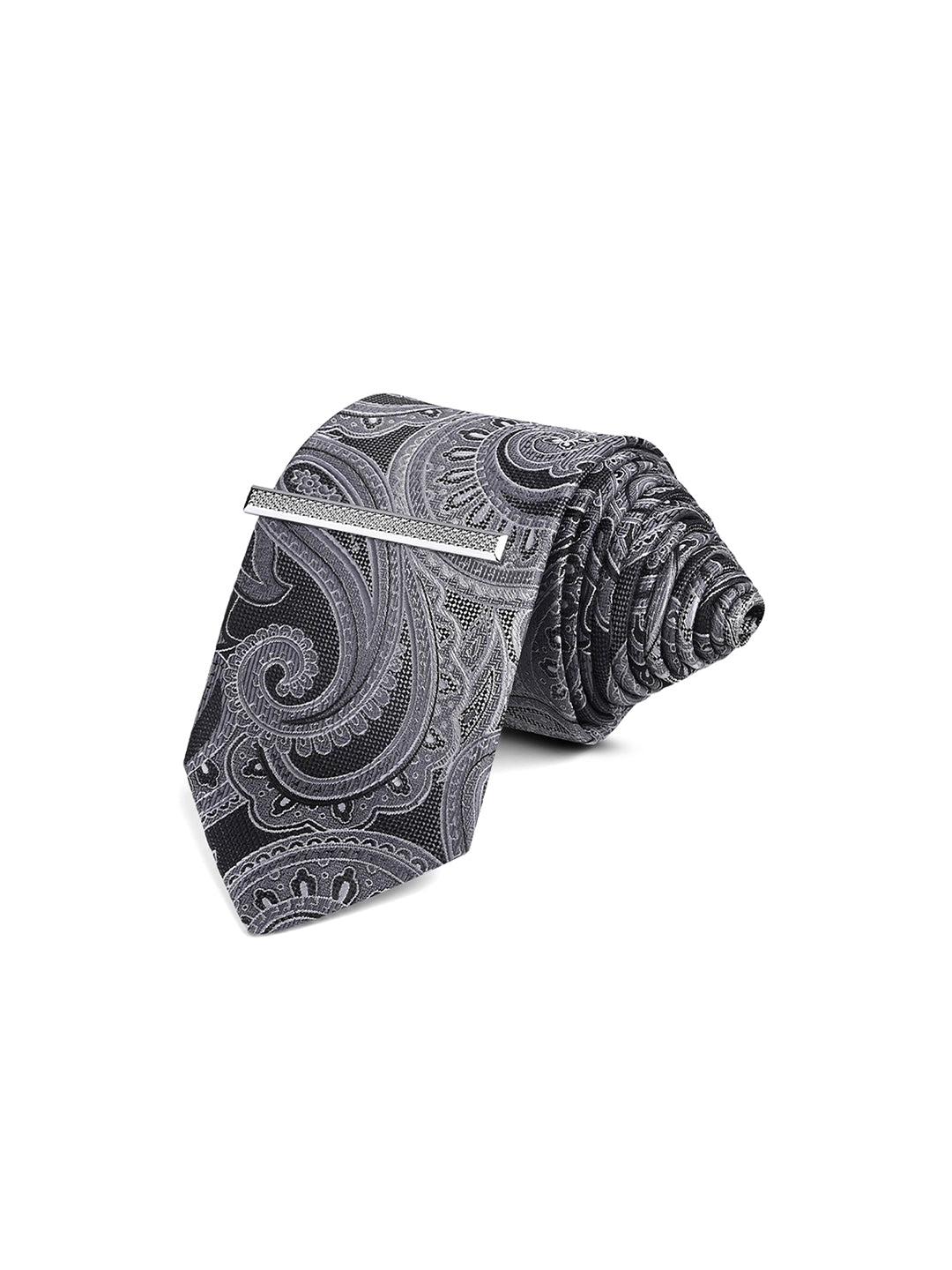 Paisley Black Luxury Polyster Micro Fabric Necktie Set Pocket Square Chrome Tiepin